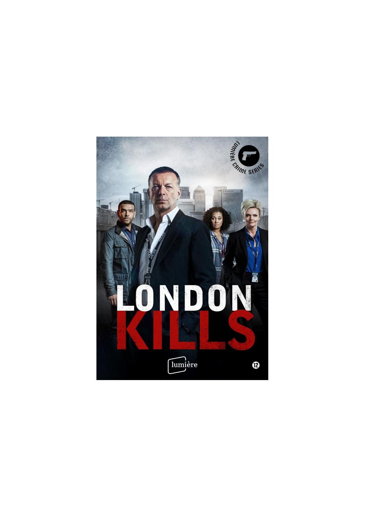 De "London Kills"-poster toont vier mensen, met een man in een pak op de voorgrond.