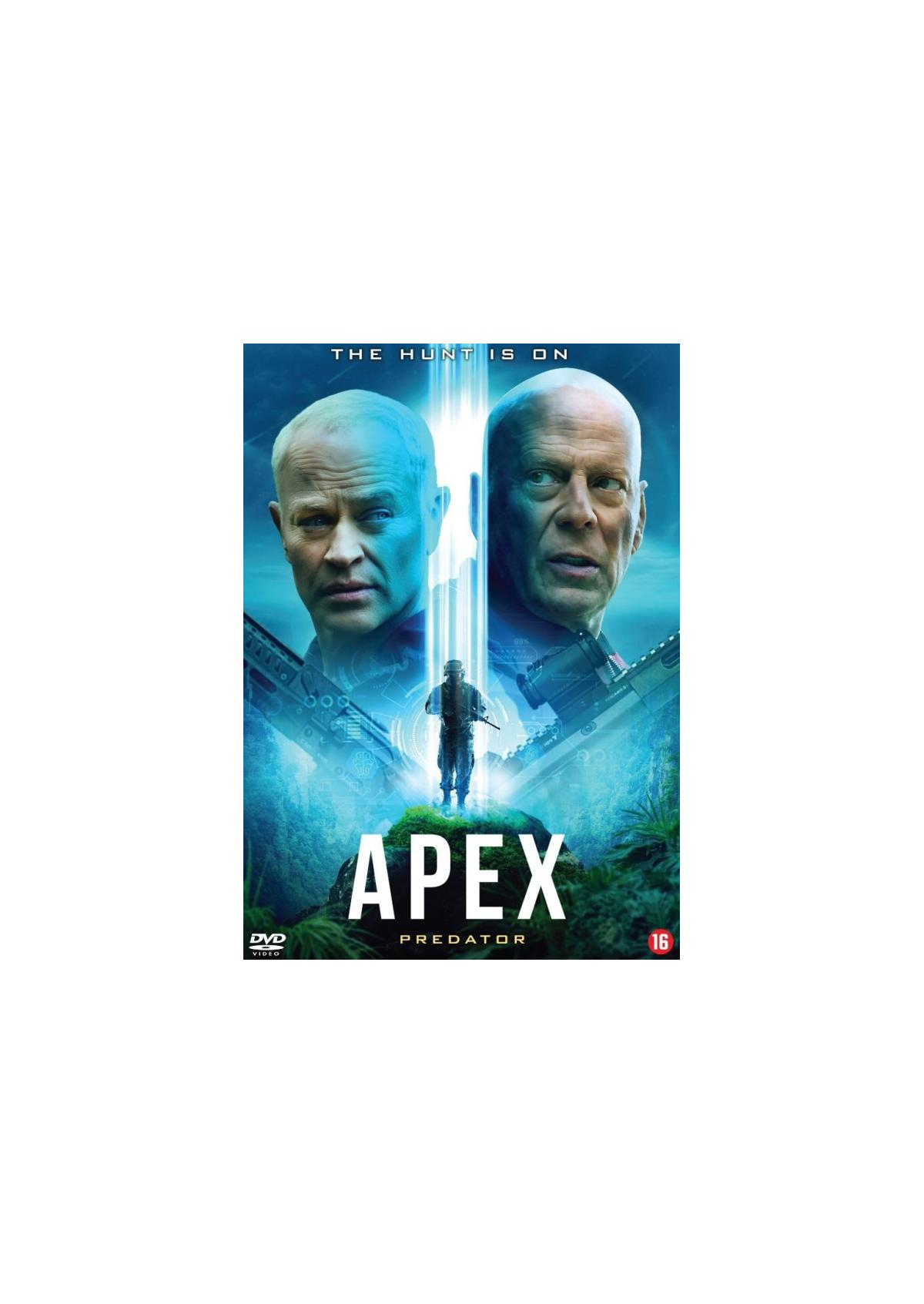Couverture DVD : Visages de deux hommes chauves. Un soldat marche en arrière-plan. Titre : Apex Predator.