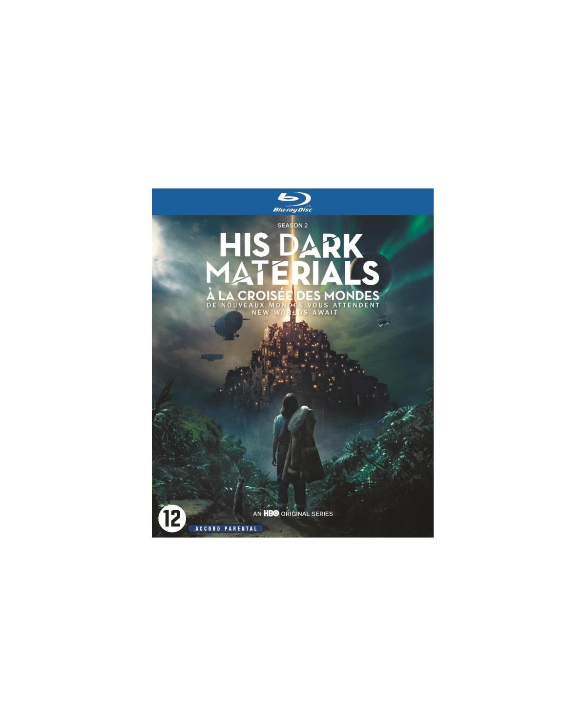 L'affiche du film His Dark Materials présente deux personnes et une ville, titre.