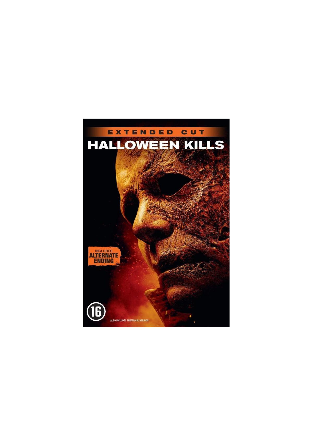Filmposter voor Halloween Kills. Close-up van een gezicht met brandwonden. Oranje en zwarte kleuren.