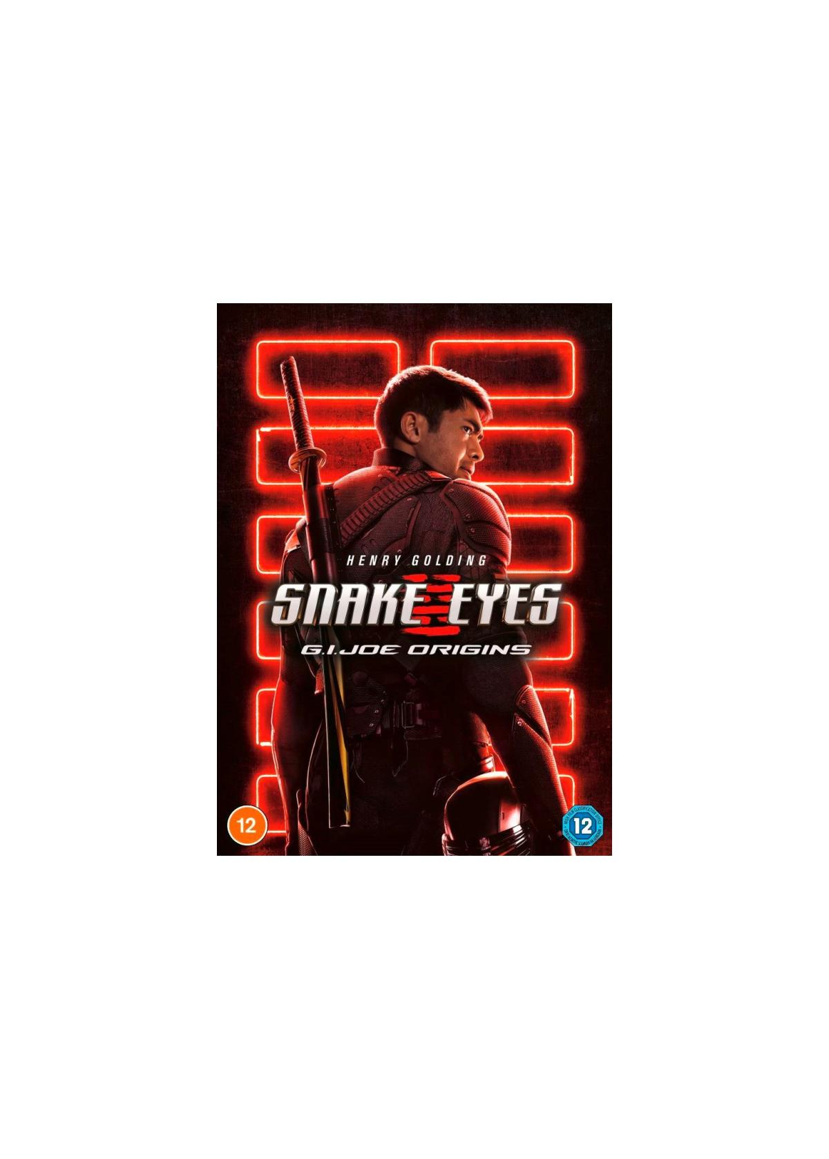 Filmposter. Henry Golding als Snake Eyes met een zwaard. Titel: Snake Eyes G.I. Joe Origins. Rode neonlichten.