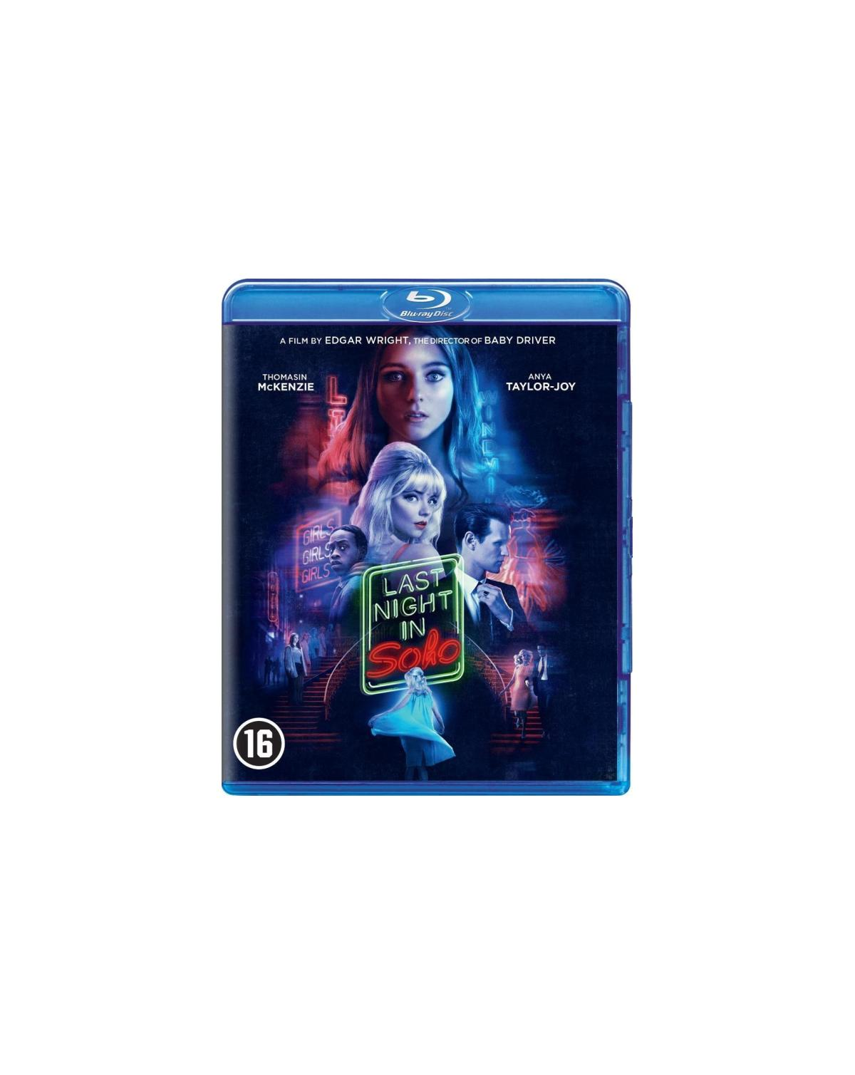 Blu-ray cover: 'Last Night in Soho' filmposter met gezichten van acteurs en een vrouw in een witte jurk.