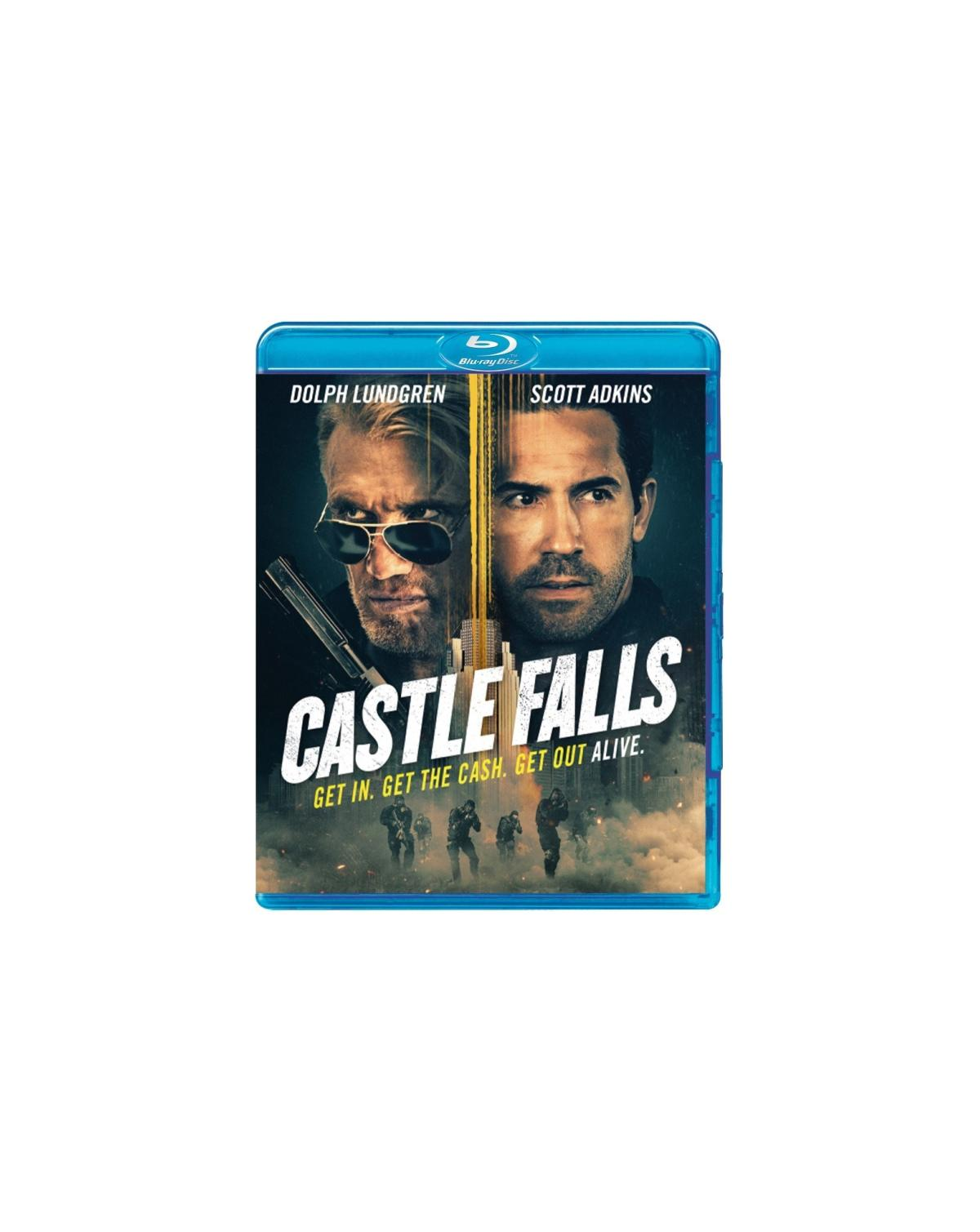 DVD-hoes voor 'Castle Falls'. Twee mannen met pistolen. Gebouwen op de achtergrond. De titel is wit.