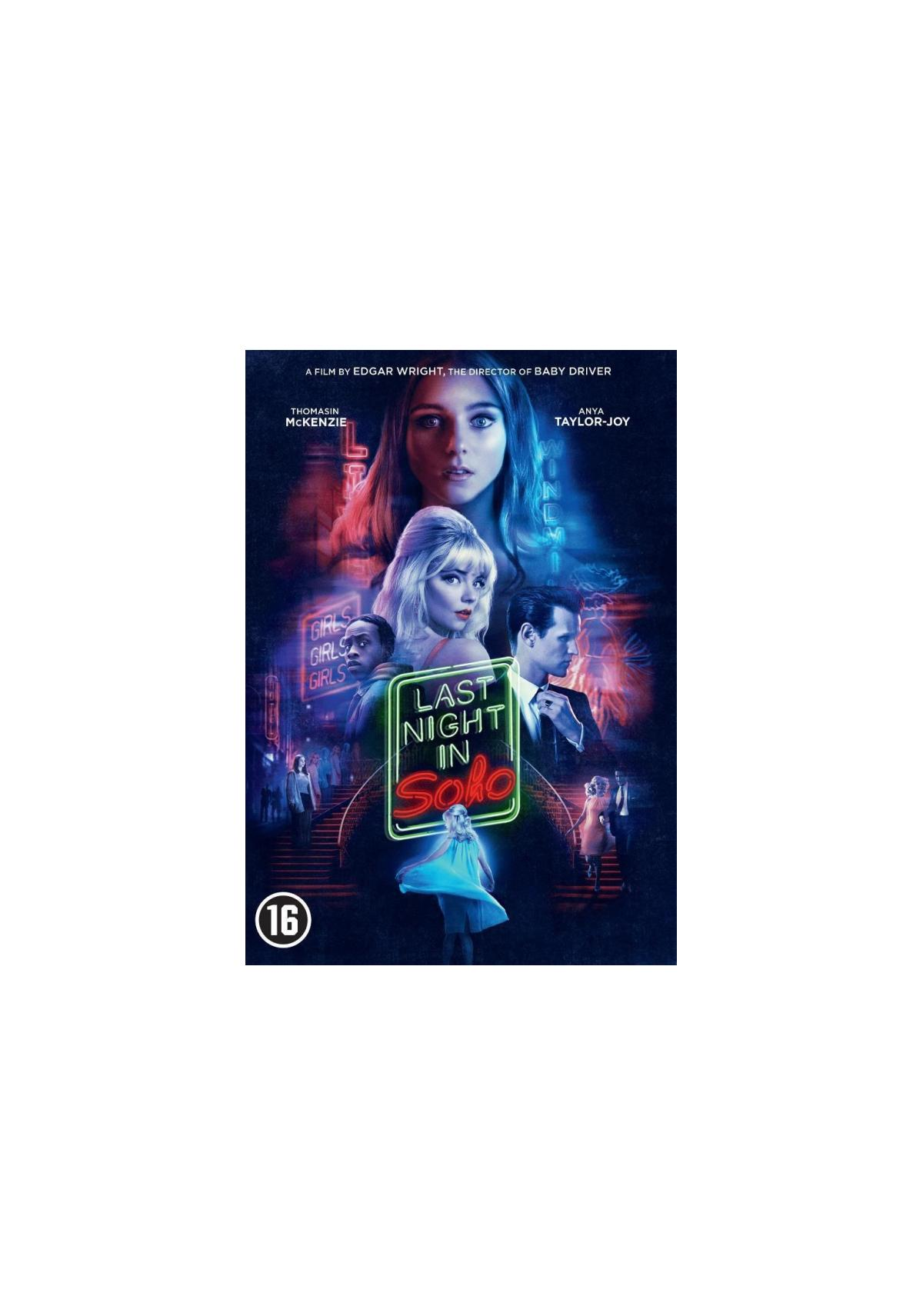 Affiche de film avec plusieurs acteurs, une tonalité bleue et le titre 'Last Night in Soho'.