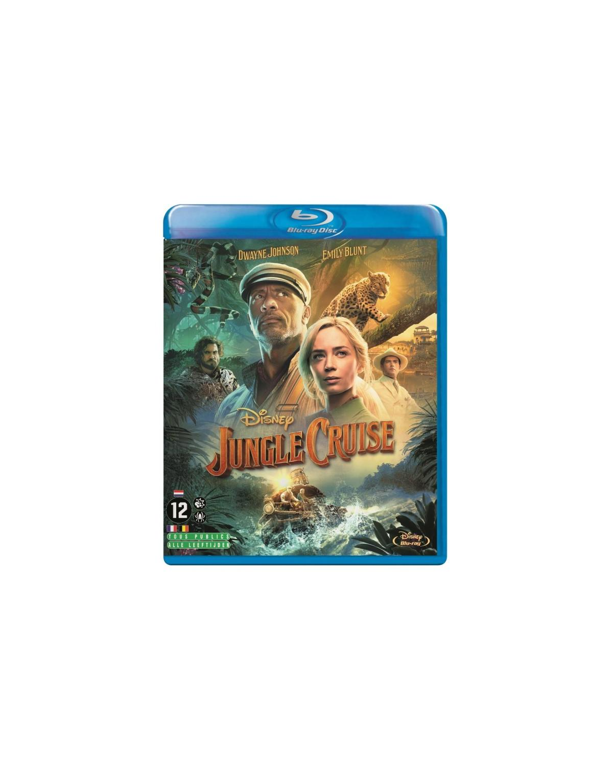 Jaquette DVD de 'Jungle Cruise' avec Dwayne Johnson et Emily Blunt dans une jungle.