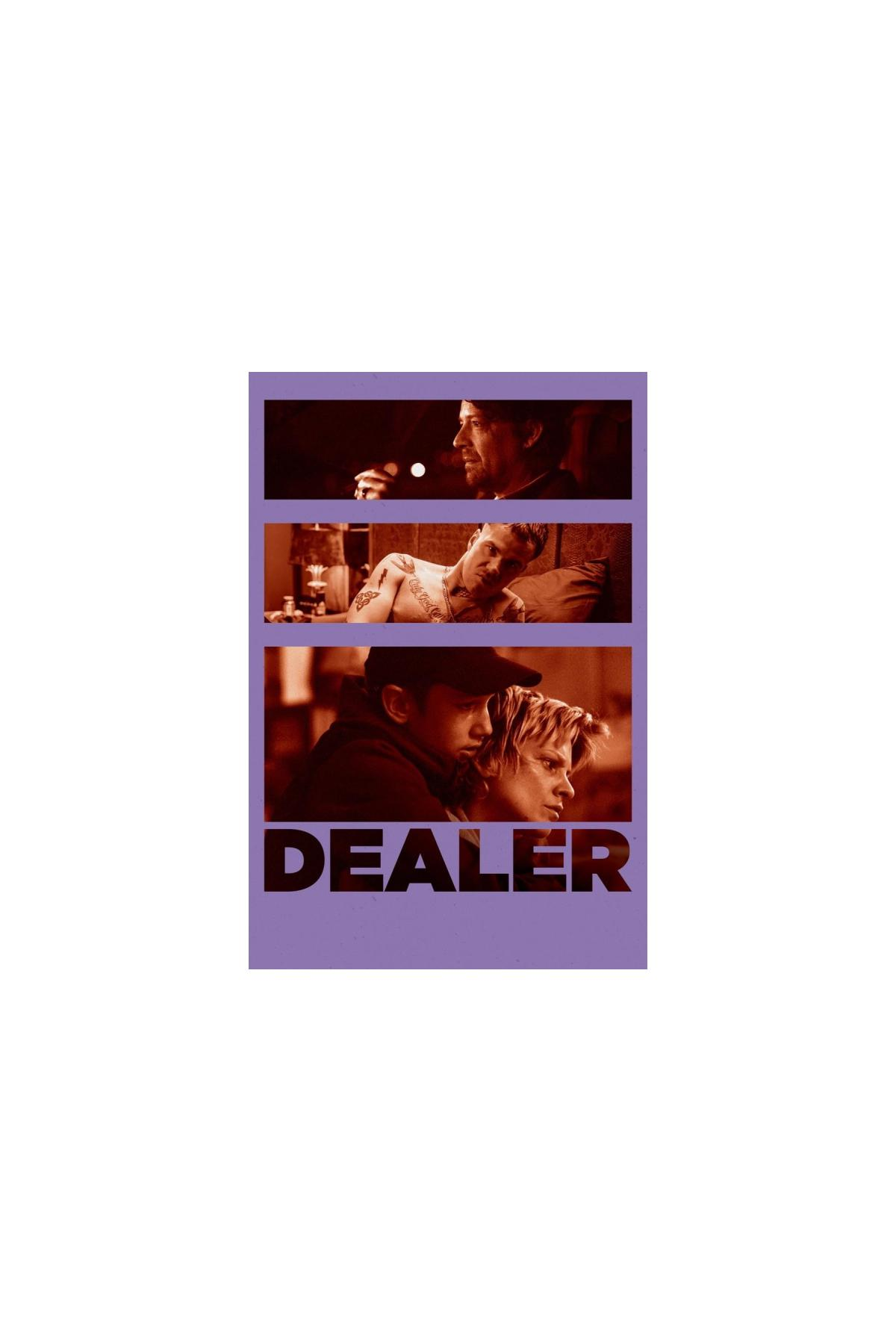 Affiche du film Dealer. Comprend trois panneaux montrant des scènes du film avec le titre.