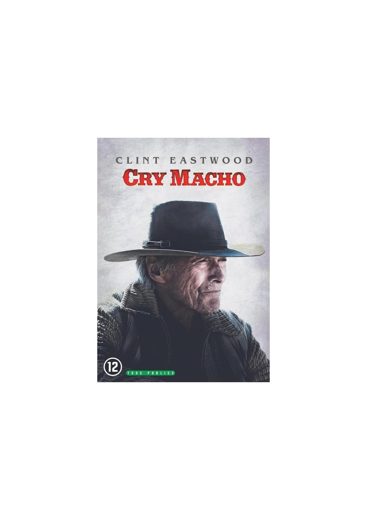 Couverture du film : Cry Macho, Clint Eastwood avec un chapeau, fond gris.