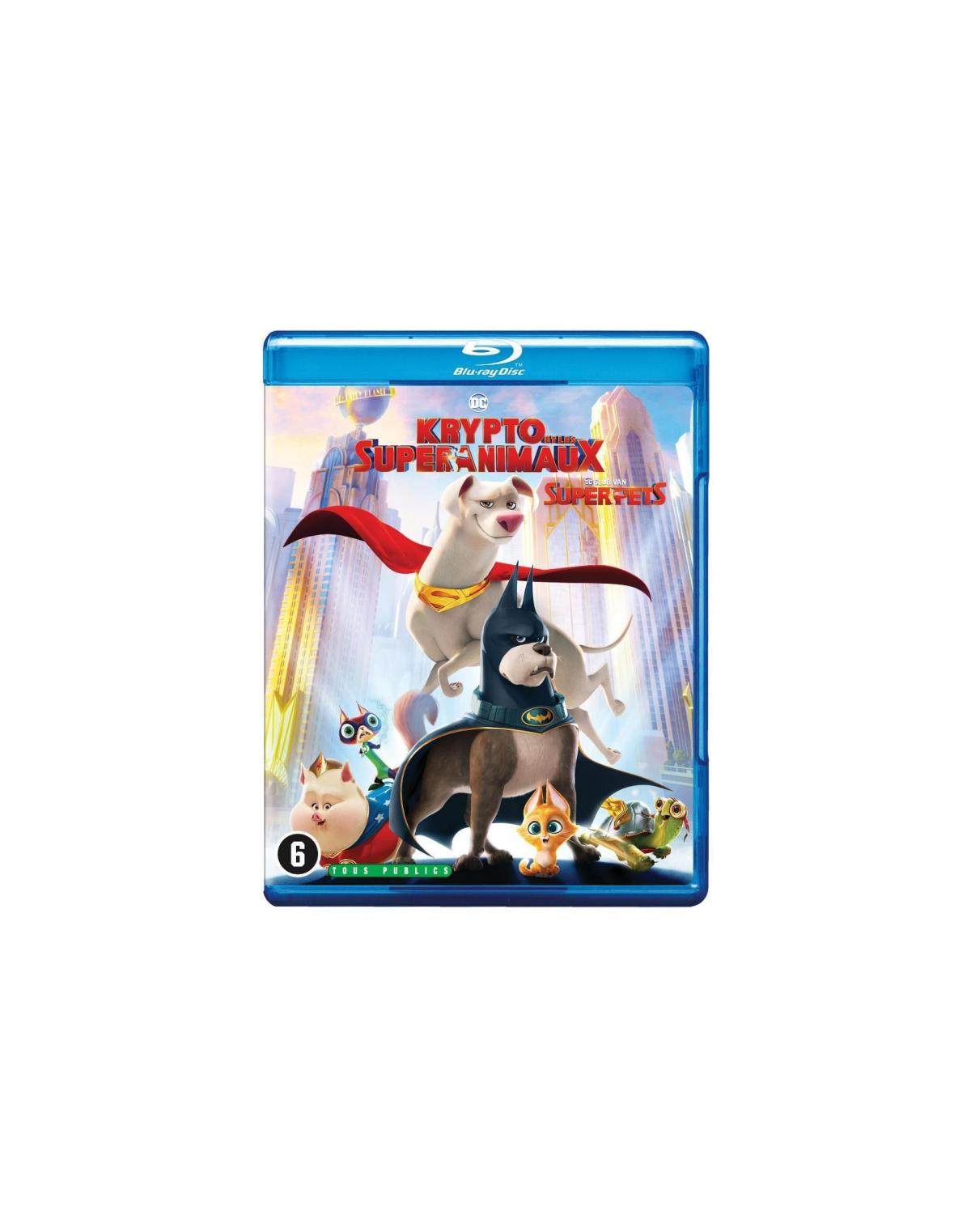 Krypto Superpets DVD-hoes. Hondenhelden met capes in een stad. Blu-ray disc label.