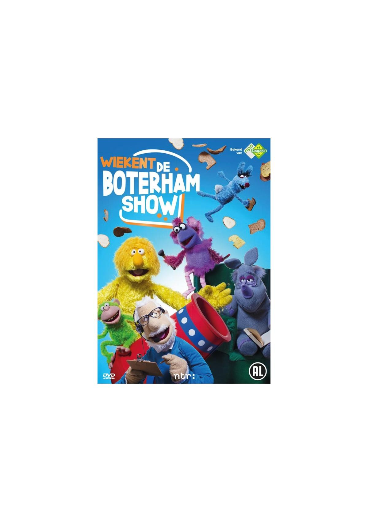 Wiekent de Boterham Show DVD-cover: Tekenfilmfiguren op de voorgrond, titel Wiekent de Boterham Show.
