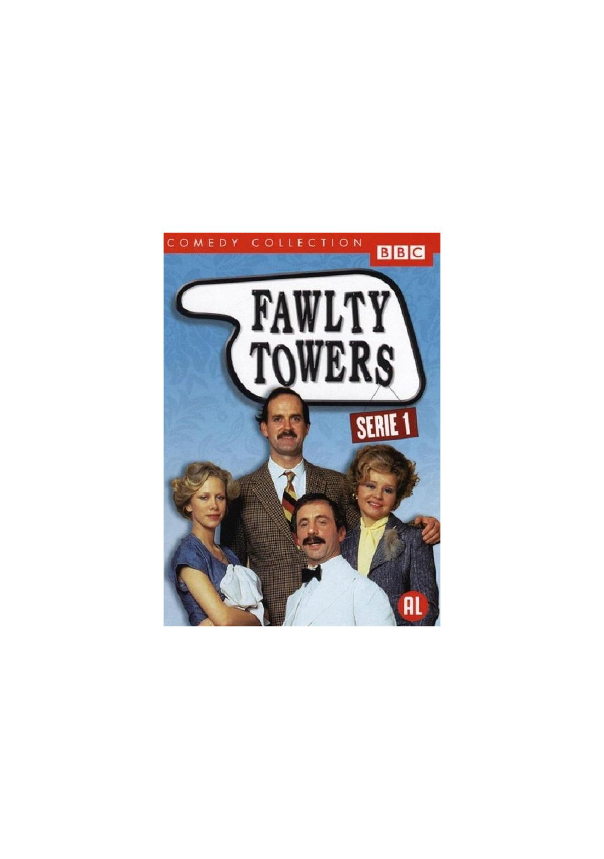 DVD-hoes: Vier mensen op een blauwe achtergrond. Tekst: 'Fawlty Towers'. Comedy collectie.