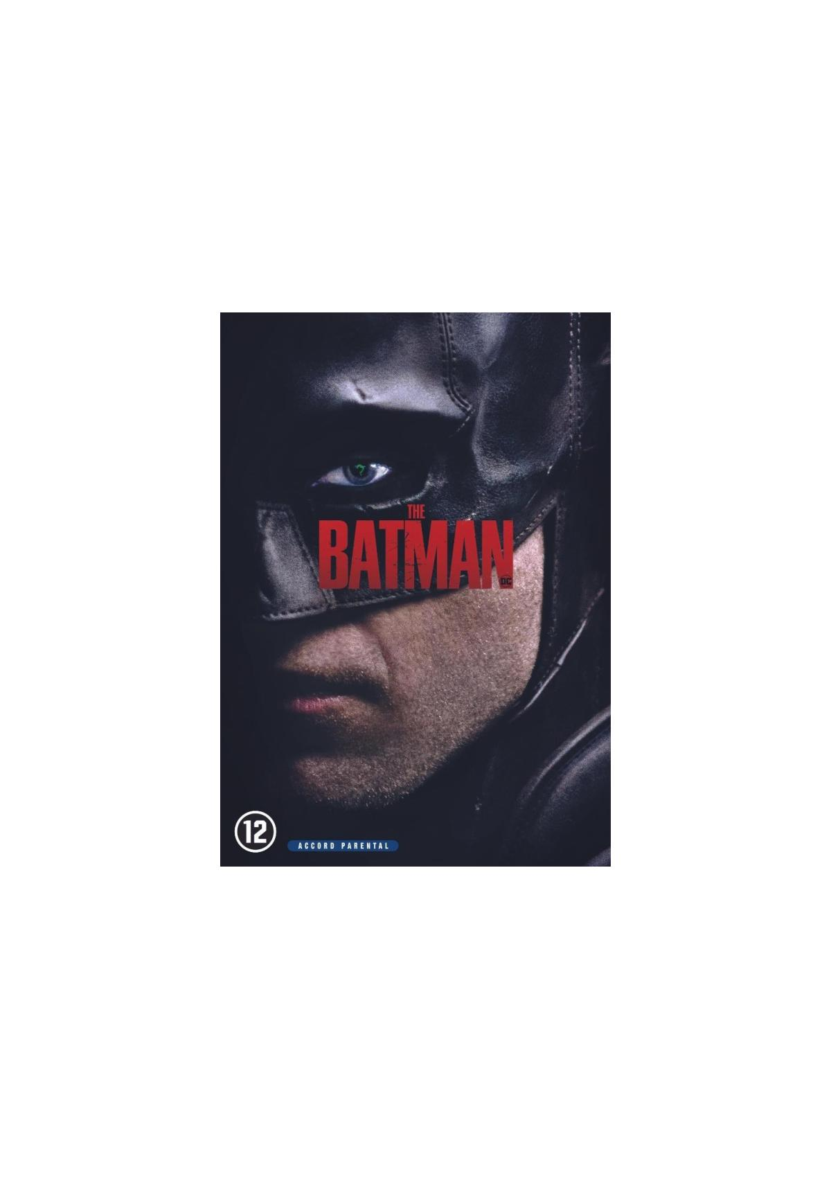 La couverture du film The Batman. Présente le visage de Batman avec un fond sombre et le titre.