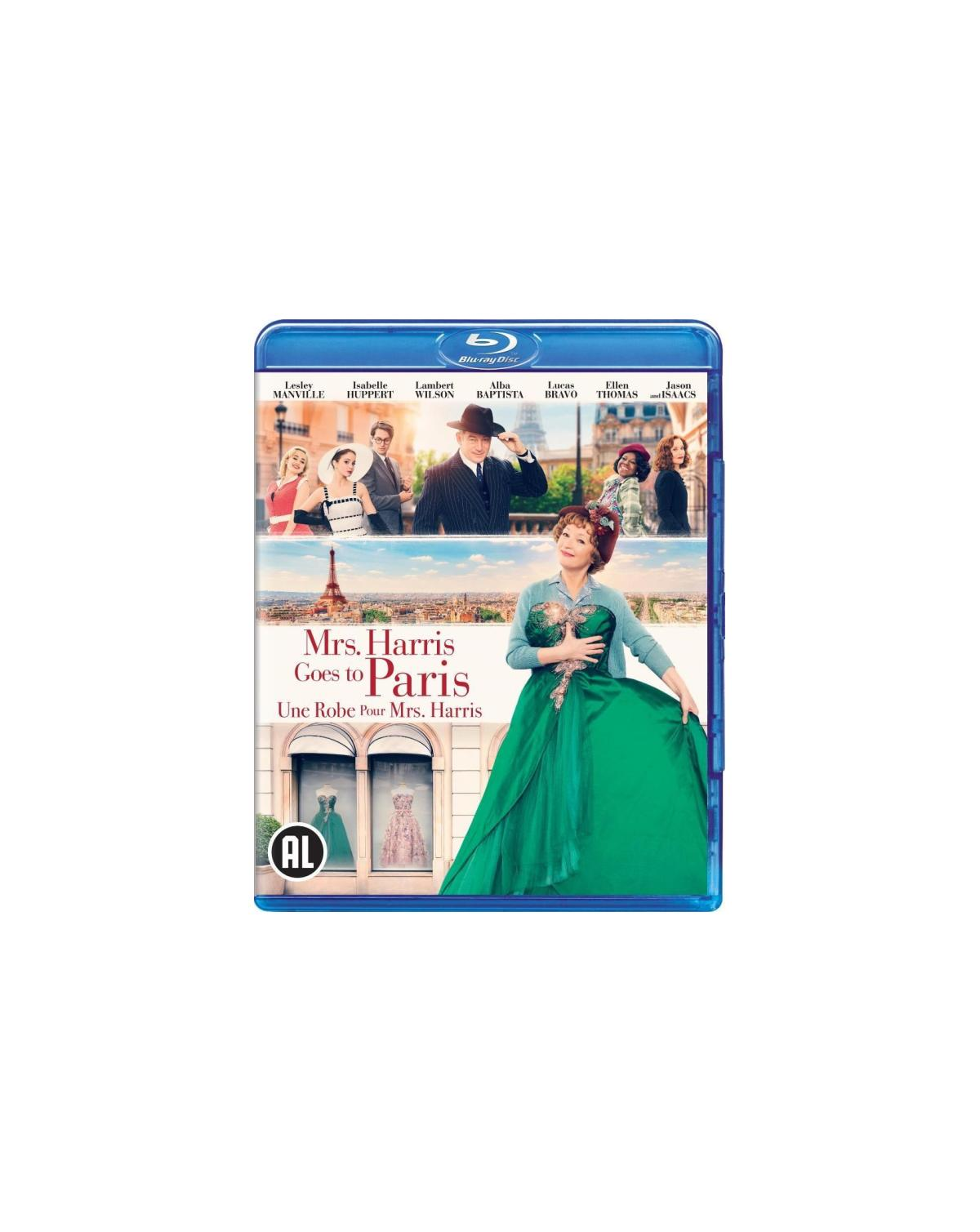 DVD-hoes van 'Mrs. Harris Goes to Paris'. Een vrouw in groene jurk, Eiffeltoren en mensen.