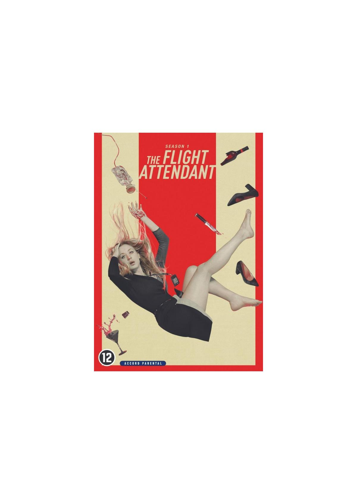 Affiche du film 'The Flight Attendant'. Femme en robe noire tombant, objets autour.