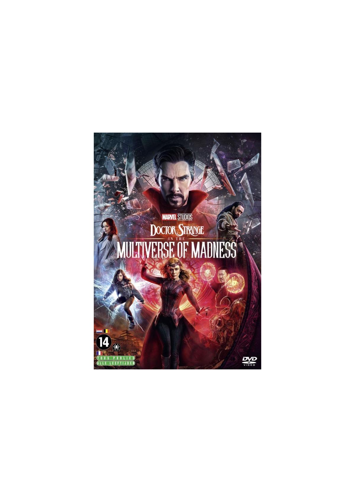Jaquette DVD de 'Doctor Strange in the Multiverse of Madness' avec plusieurs personnages au premier plan.