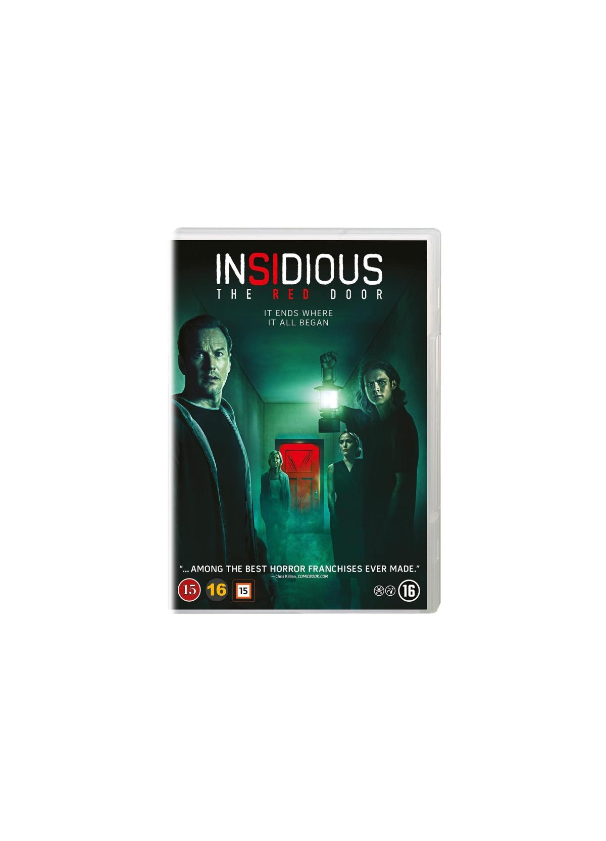 DVD-cover voor "Insidious: The Red Door" met acteurs in een donkere gang met een rode deur.