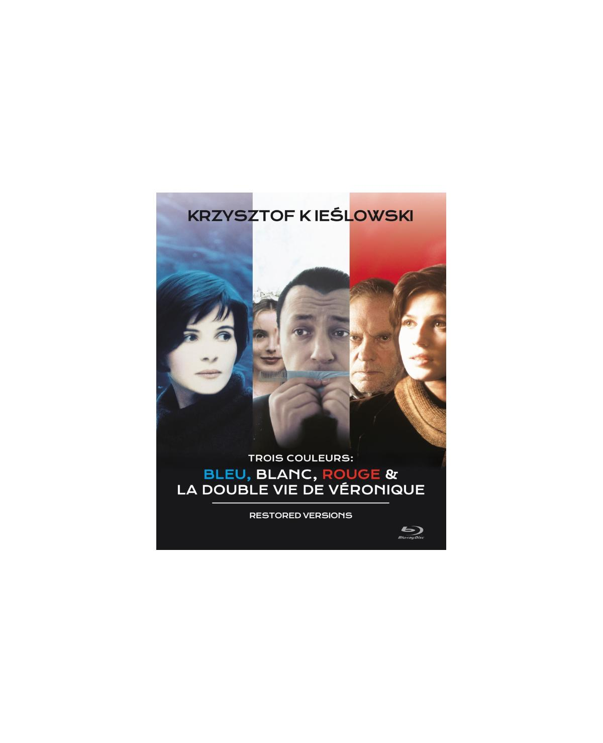Filmposter van Trois couleurs: Bleu. Verschillende gezichten op de achtergrond. De titel in het midden.