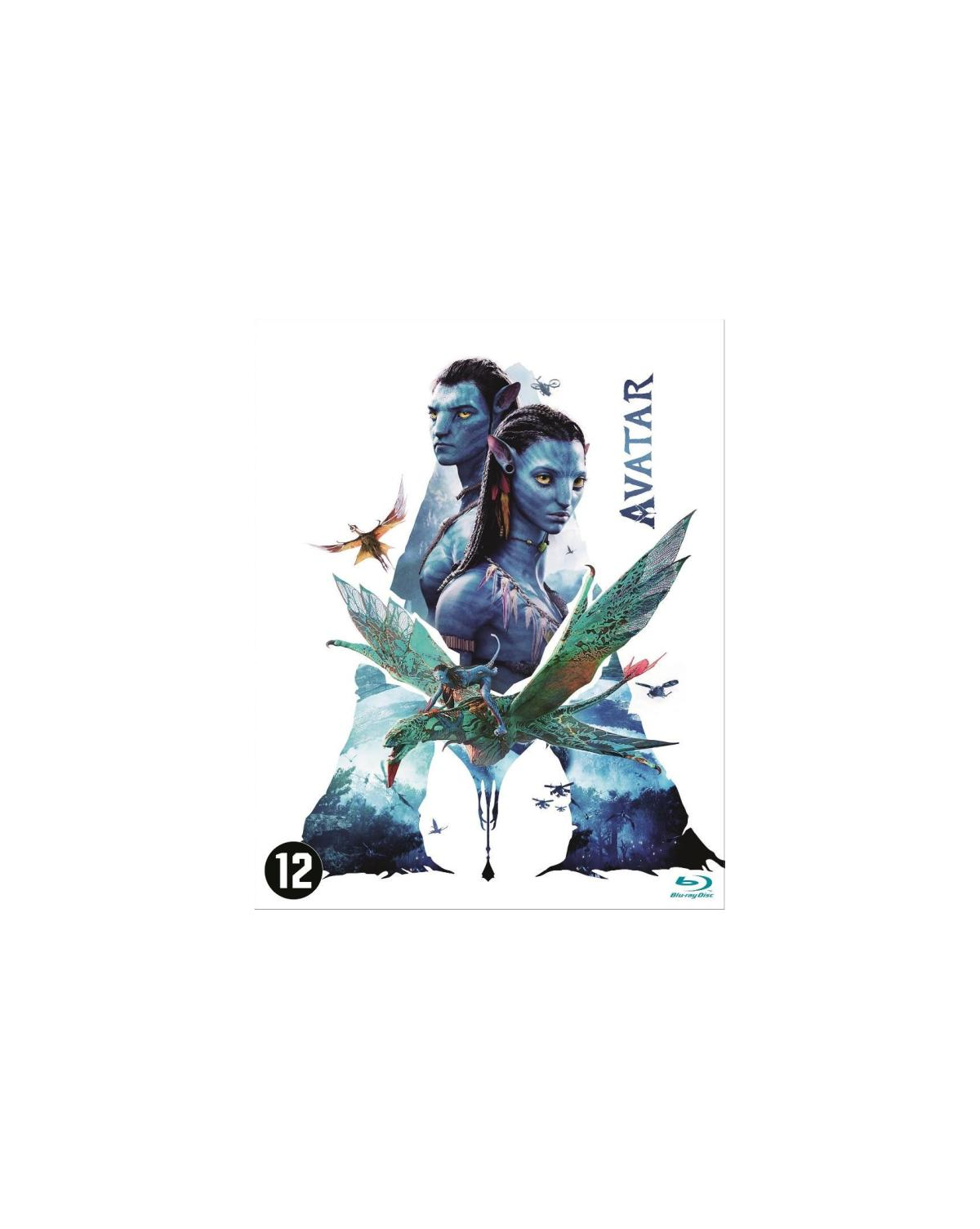 Avatar cover. Twee blauwe aliens op een vliegend wezen. Bos en rivier op de achtergrond.