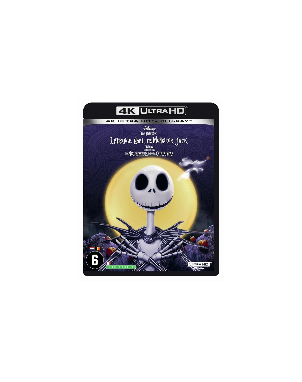 De filmposter "The Nightmare Before Christmas" toont Jack Skellington voor een volle maan met een Blu-ray label.