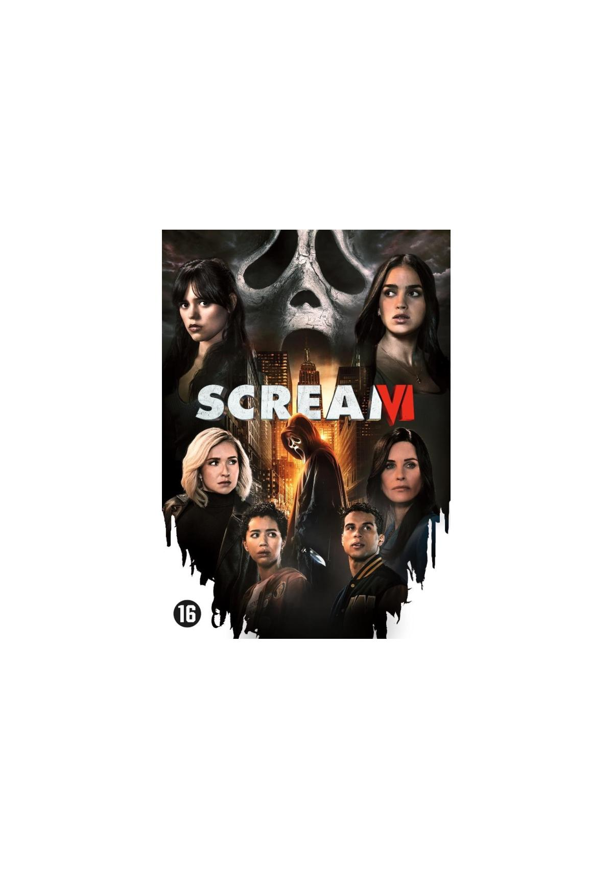 Filmposter voor 'Scream VI'. Groep gezichten, een spookgezicht en een donkere setting. Titel op de poster.
