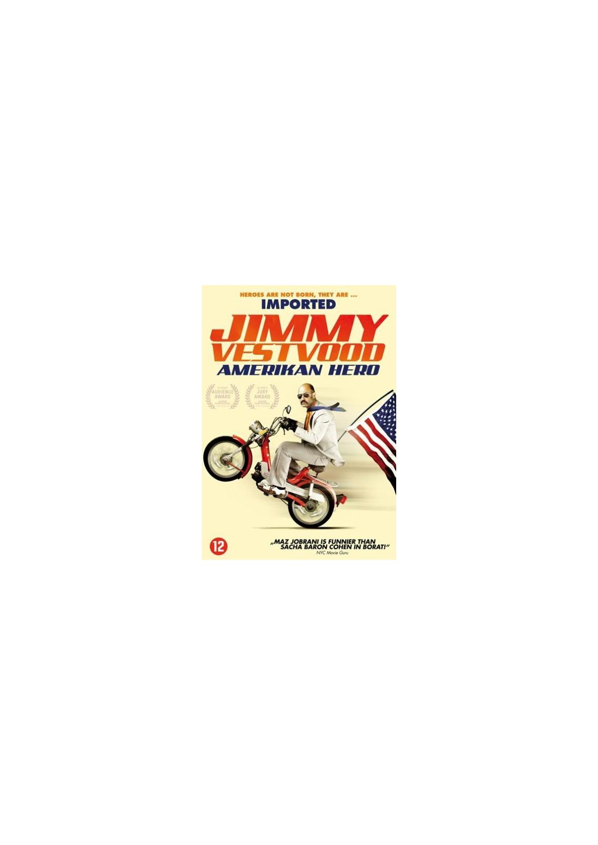 Affiche de film : Homme en moto avec drapeau américain. Titre : American Hero.