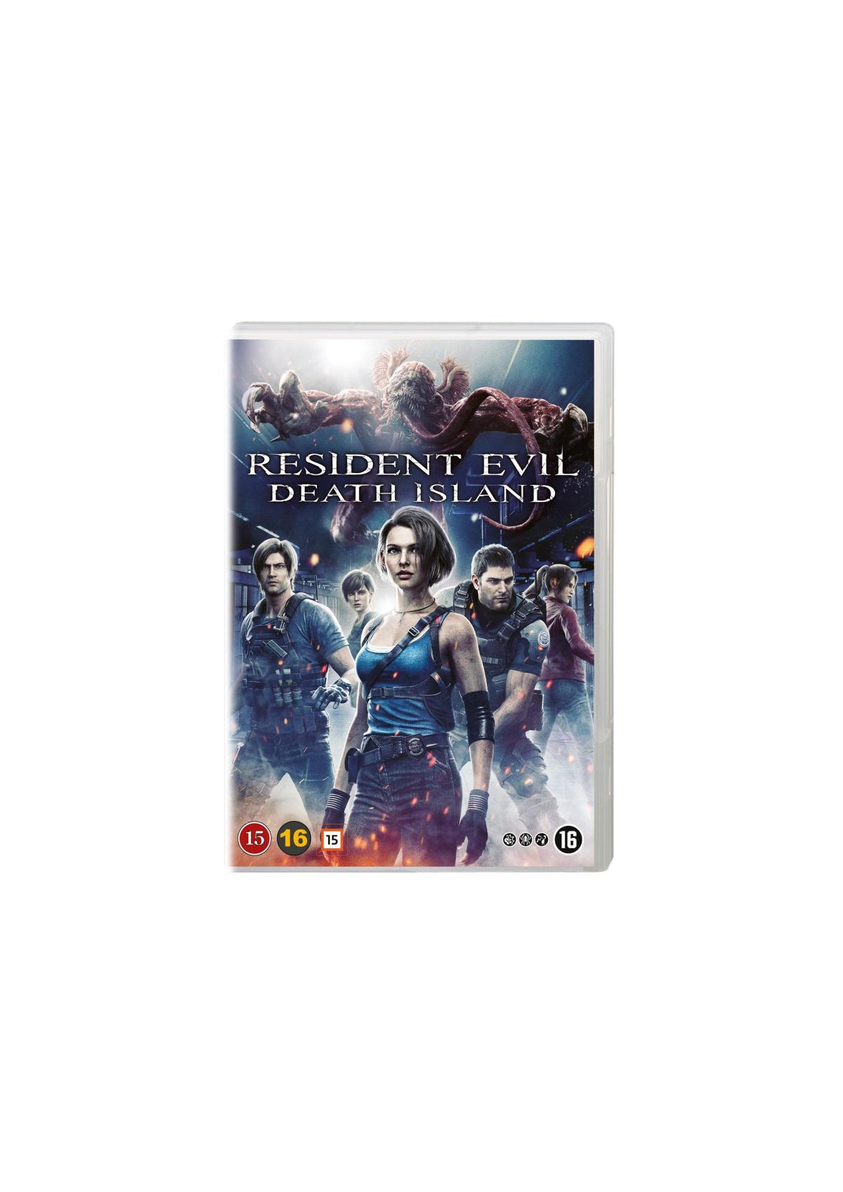 Couverture du film : Personnages de Resident Evil Death Island. Zombies et un monstre.