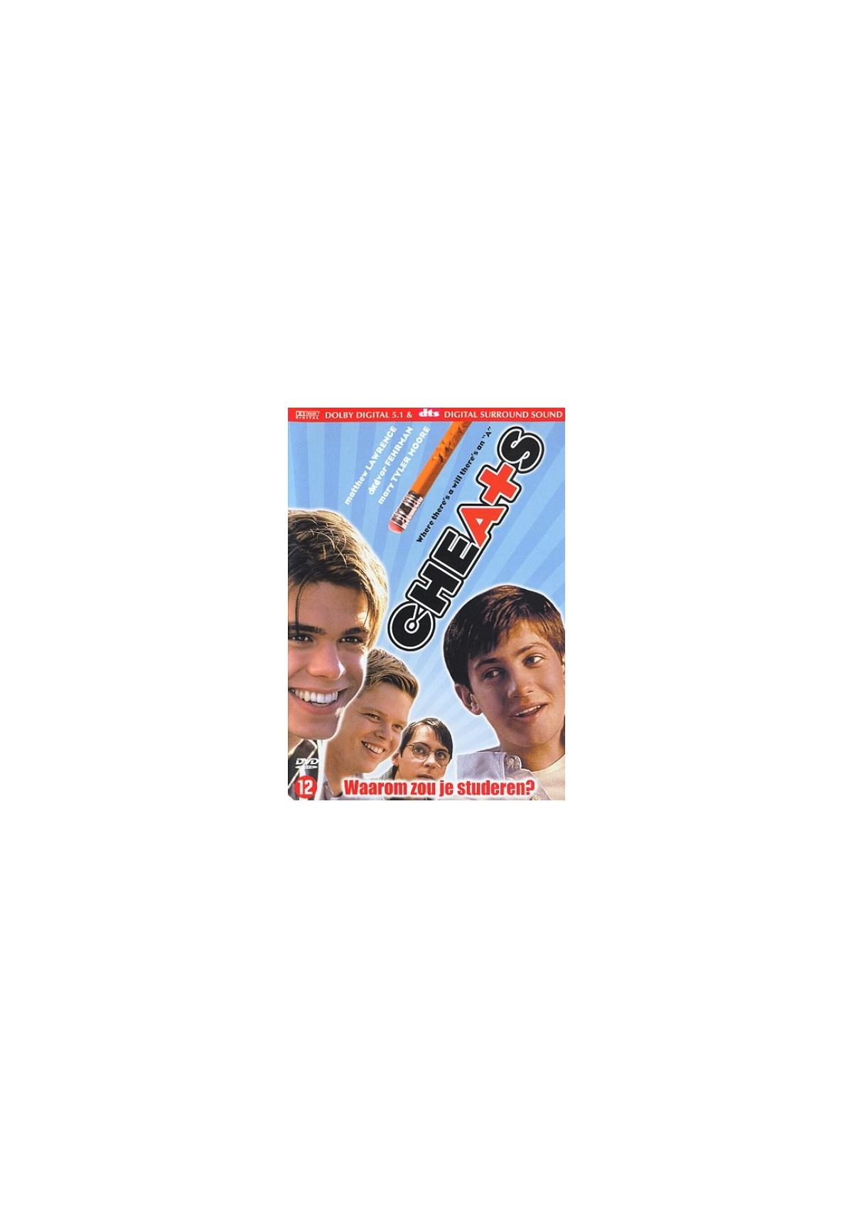 Affiche du film Cheats. Cinq adolescents regardent le spectateur. Le titre est en rouge et blanc.