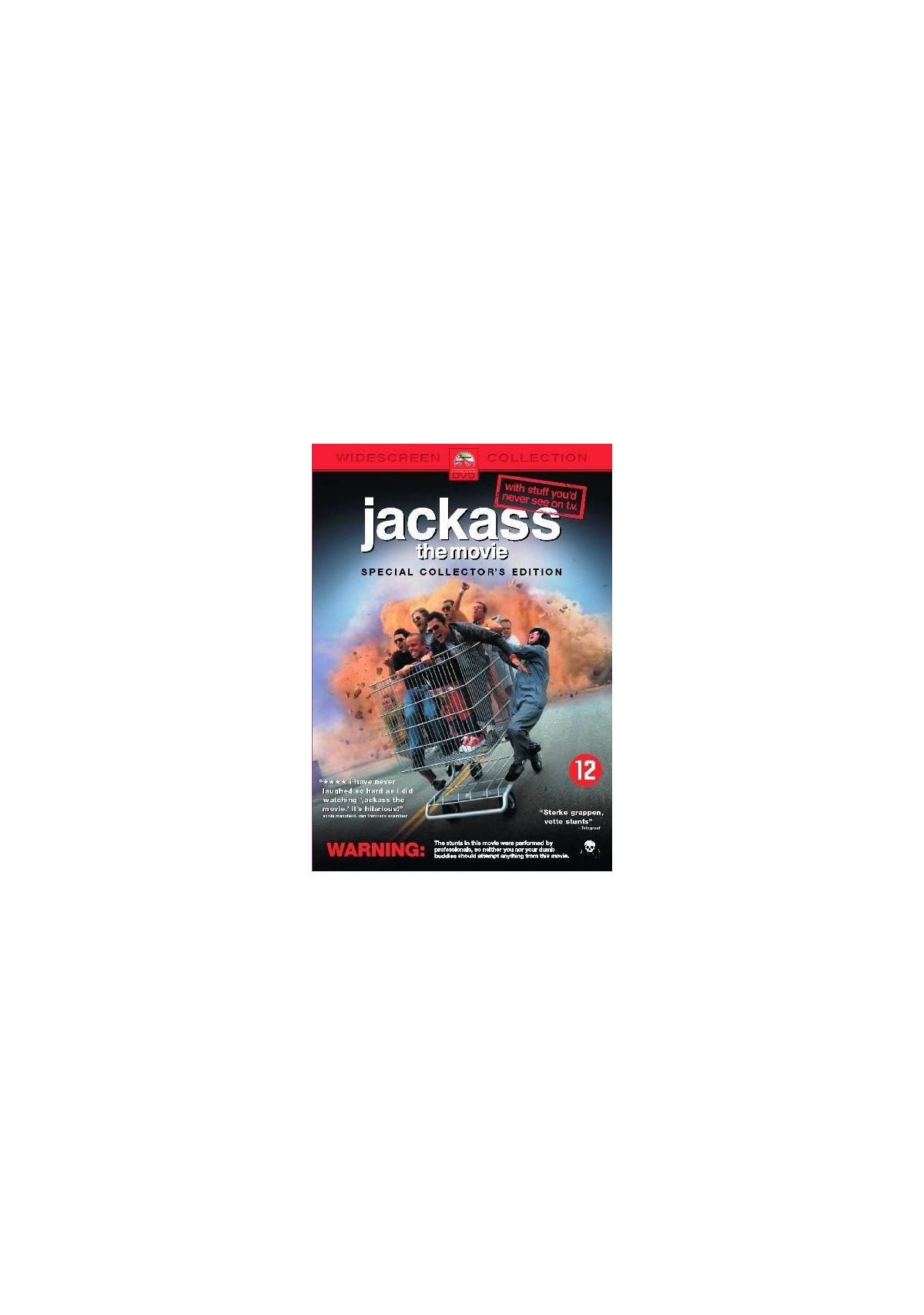 Couverture du film 'Jackass: The Movie'. Des gens dans un chariot, des explosions.