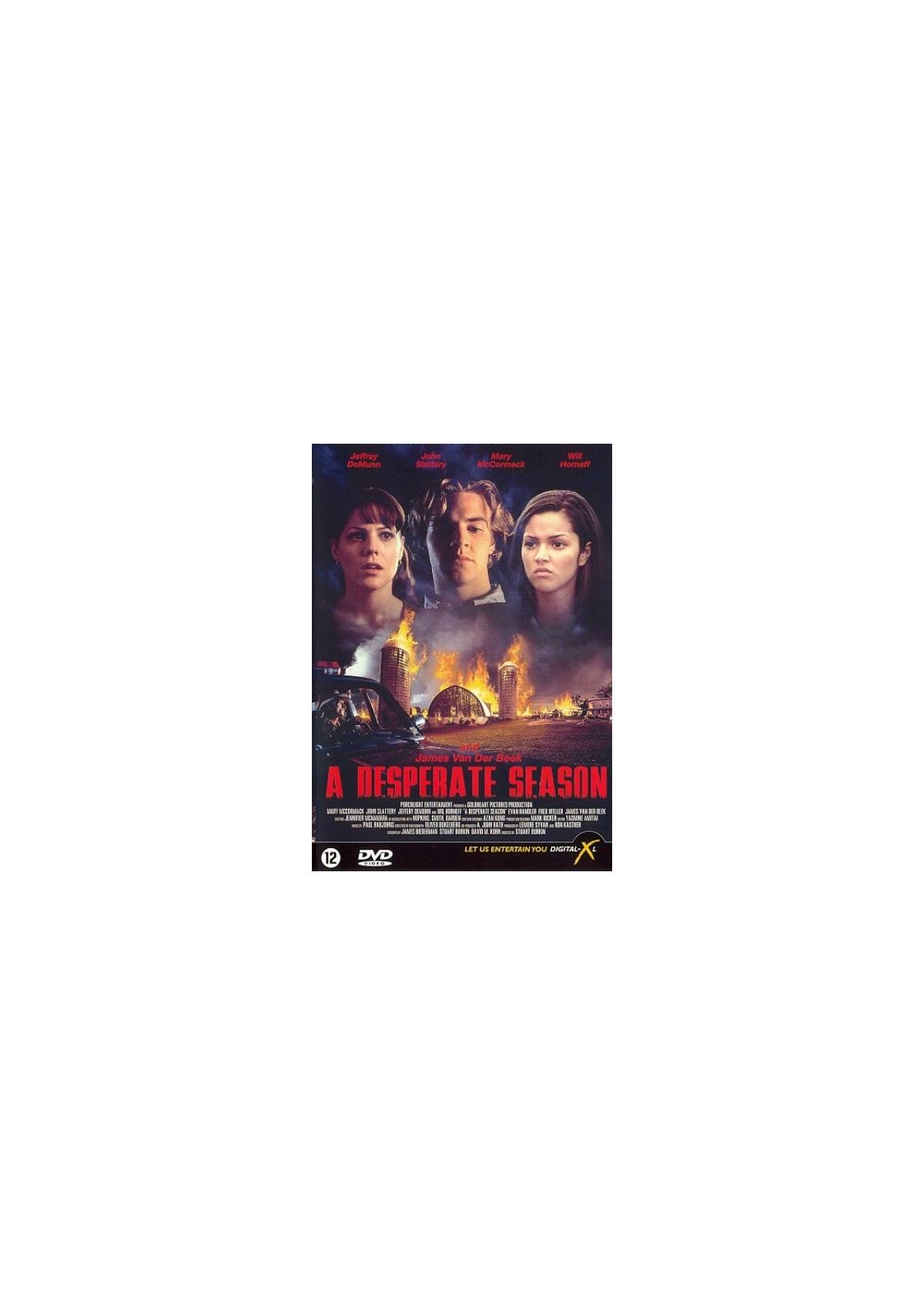 Affiche de film avec trois visages et titre 'A Desperate Season' avec des flammes.