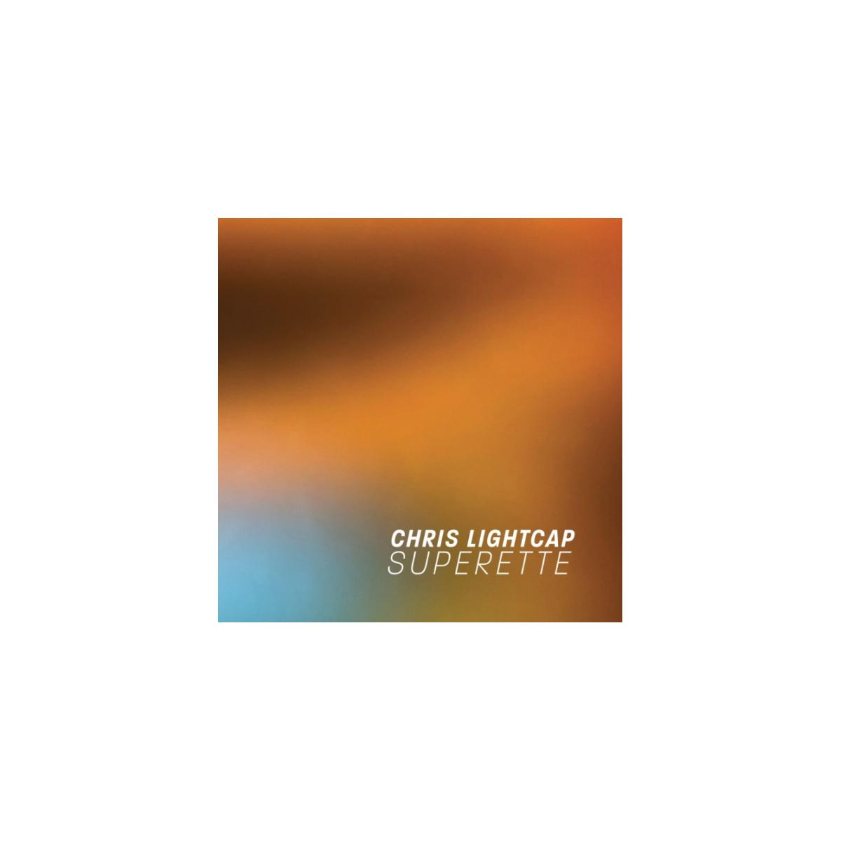 Pochette d'album : Chris Lightcap, Superette. Dégradé orange et bleu, texte blanc.