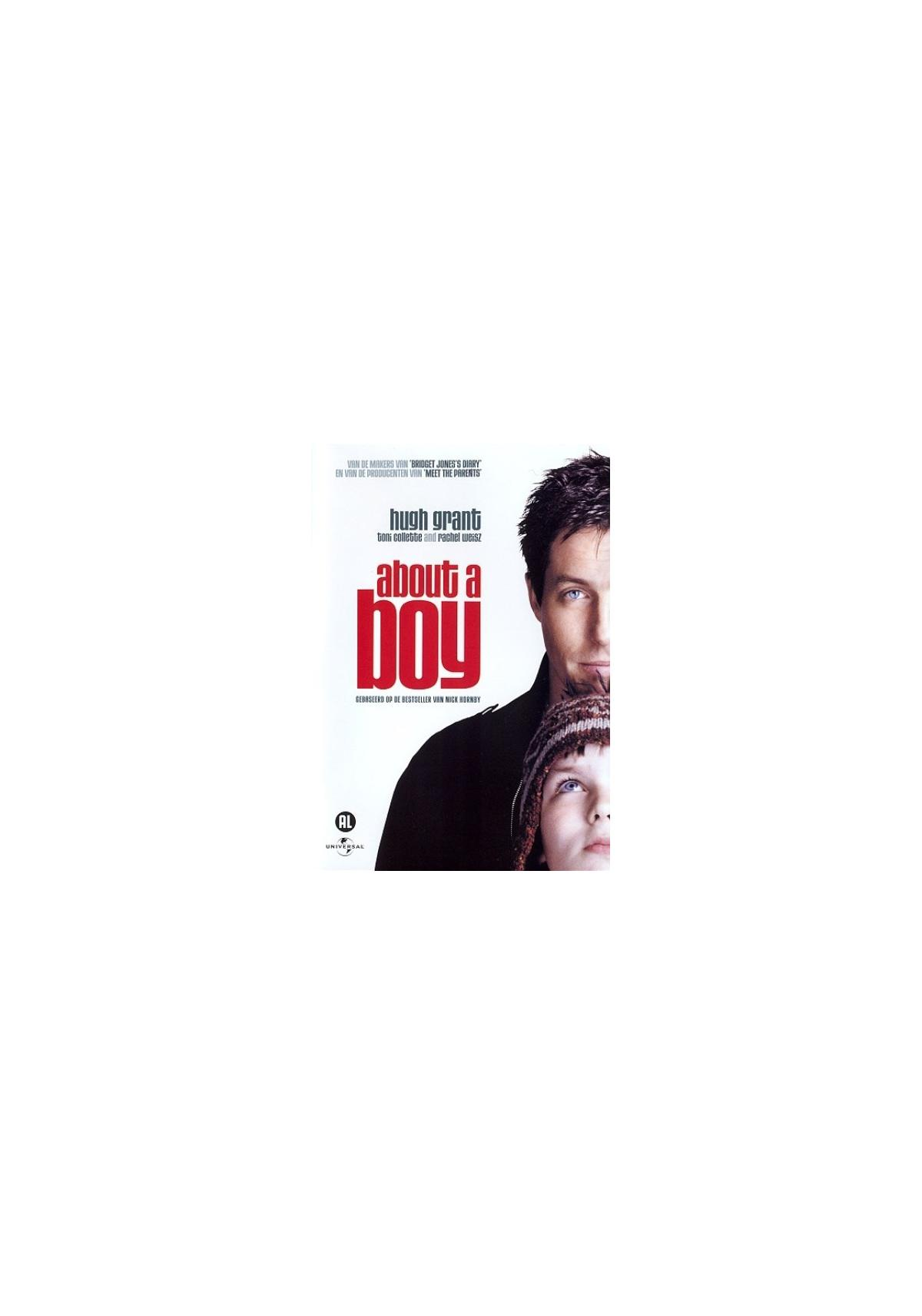 Filmposter: Hugh Grant en een jongen zijn zichtbaar. De titel is About a Boy.
