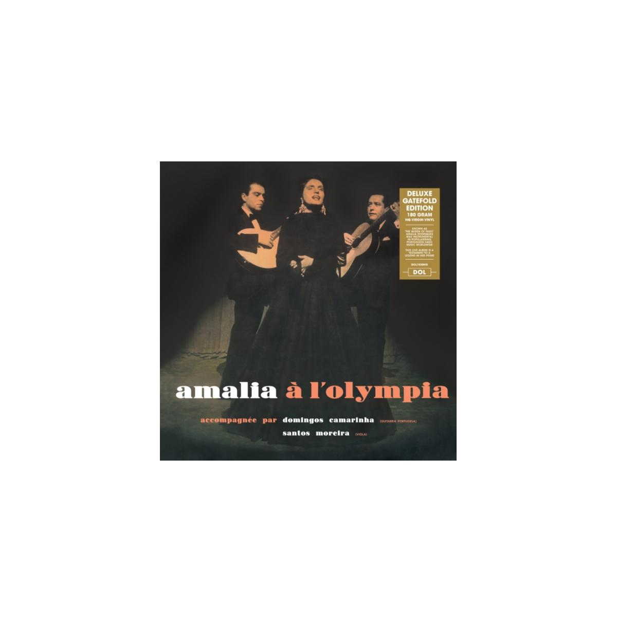 Couverture de l'album : 'Amalia à l'Olympia'. Trois personnes en vêtements noirs, dans une photo en noir et blanc.
