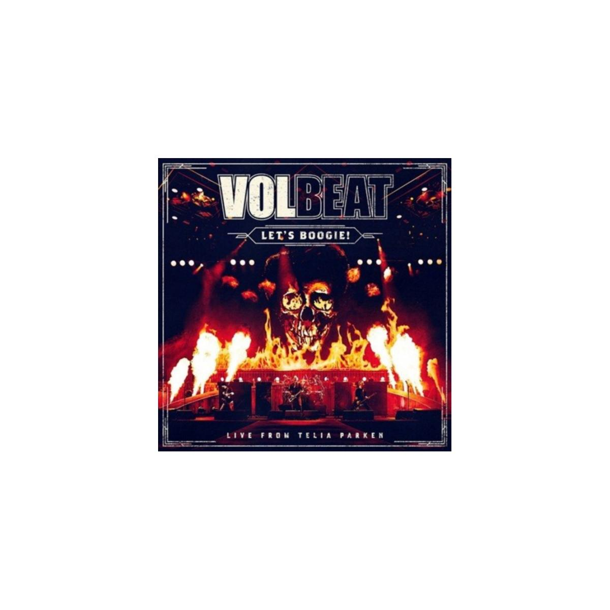 Albumhoes: Volbeat, 'Let's Boogie!'. Schedel in vuur met bandleden onderaan. Live vanuit Telia Parken.