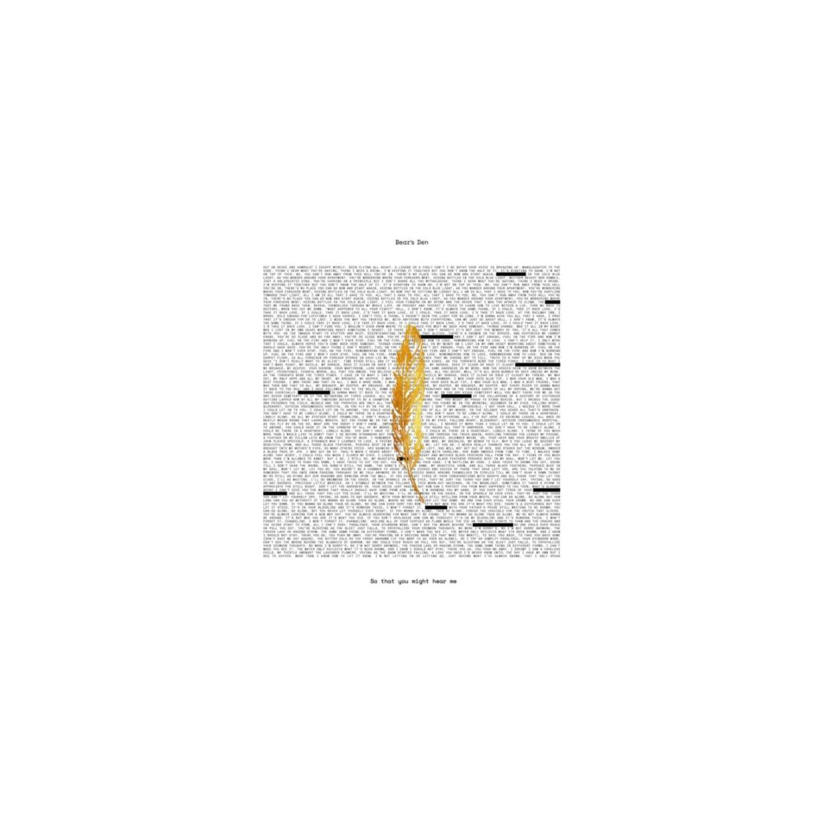 Illustration de plume dorée sur fond de texte. Le texte est en grande partie noirci. Le titre est 'So that you might hear me'.