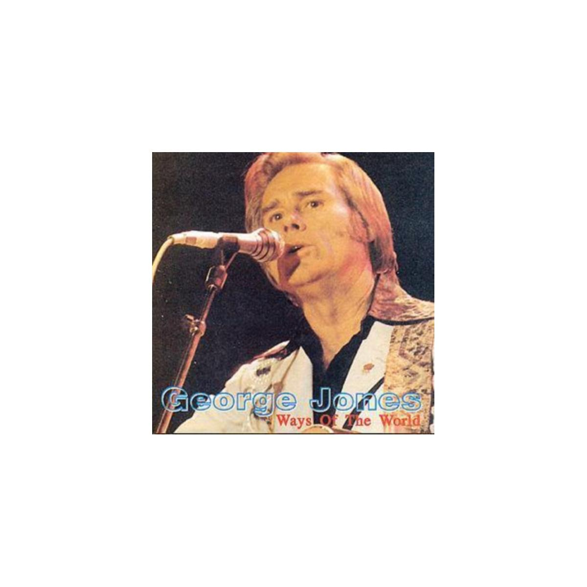 Man zingt in een microfoon, albumhoes met naam George Jones en Ways of the World.
