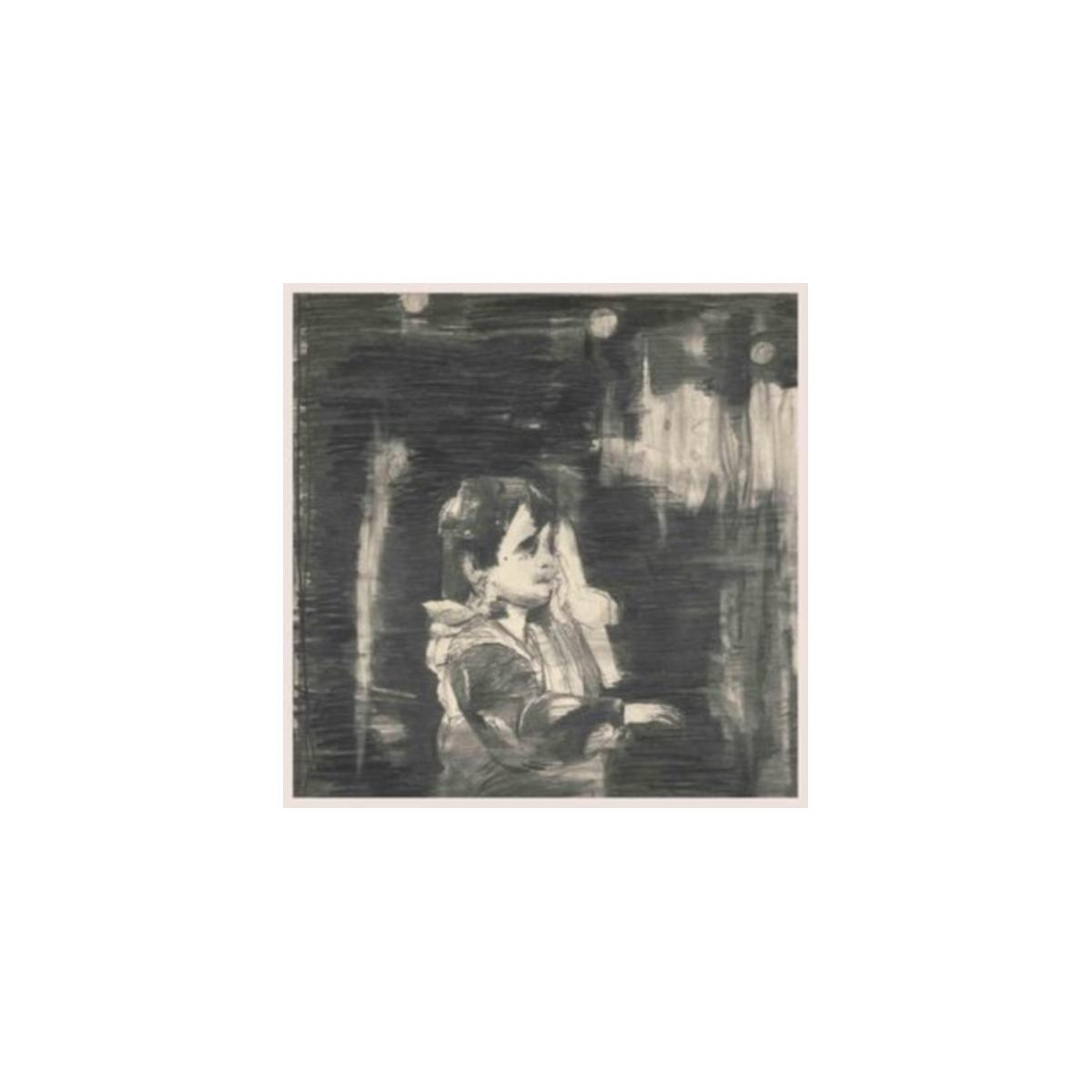 Disegno monocromatico di un bambino, sfondo scuro. Forse uno spettacolo teatrale o un concerto.
