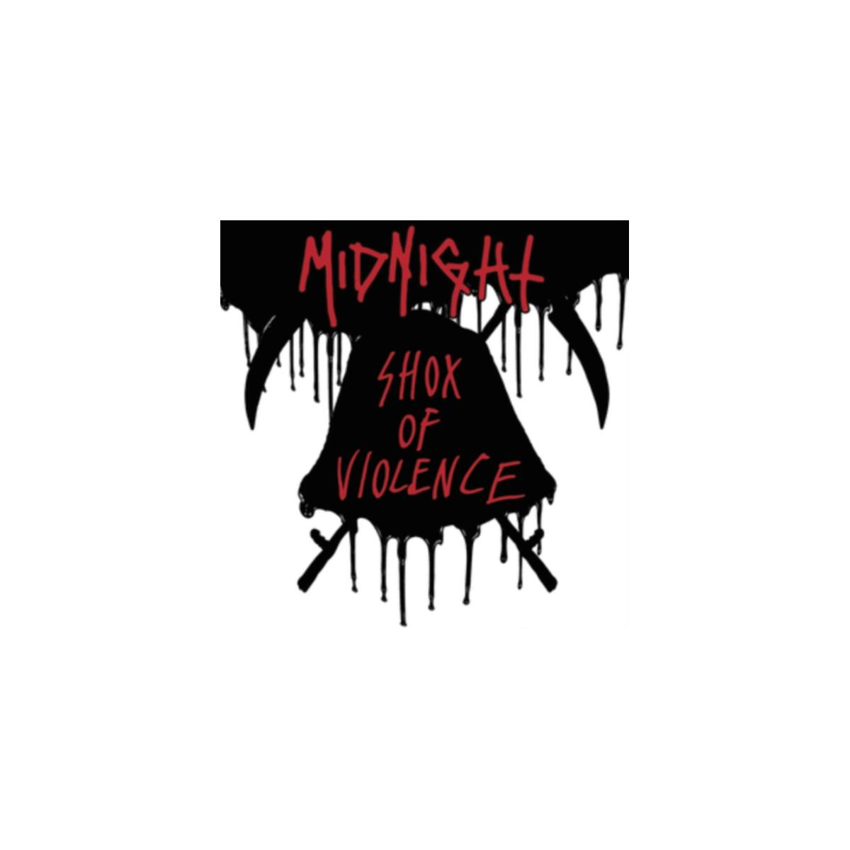 Logo nero e rosso. Il testo recita: Midnight, Shox of Violence. Sfondo bianco.
