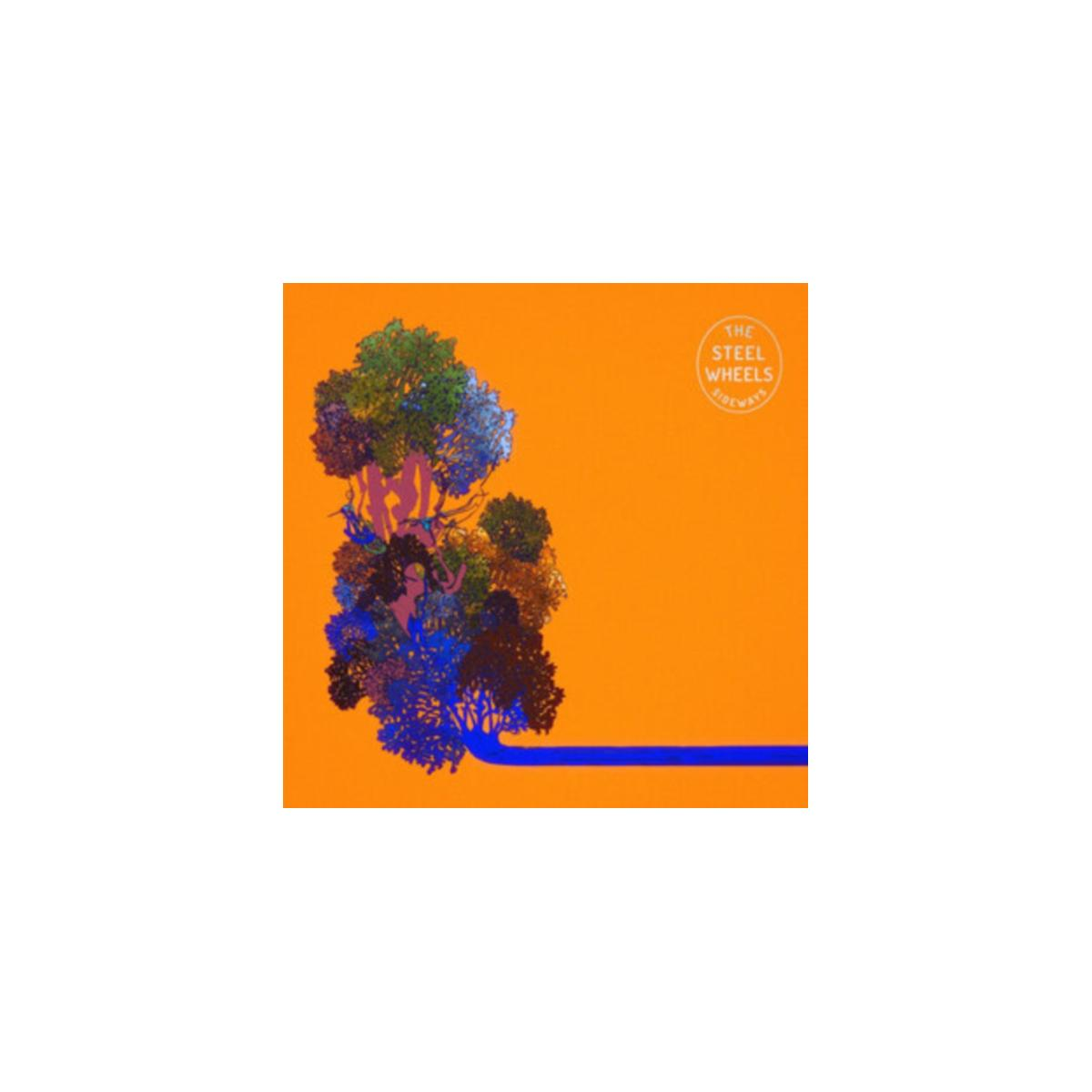 Pochette d'album avec des arbres abstraits en bleu, vert et marron sur fond orange.