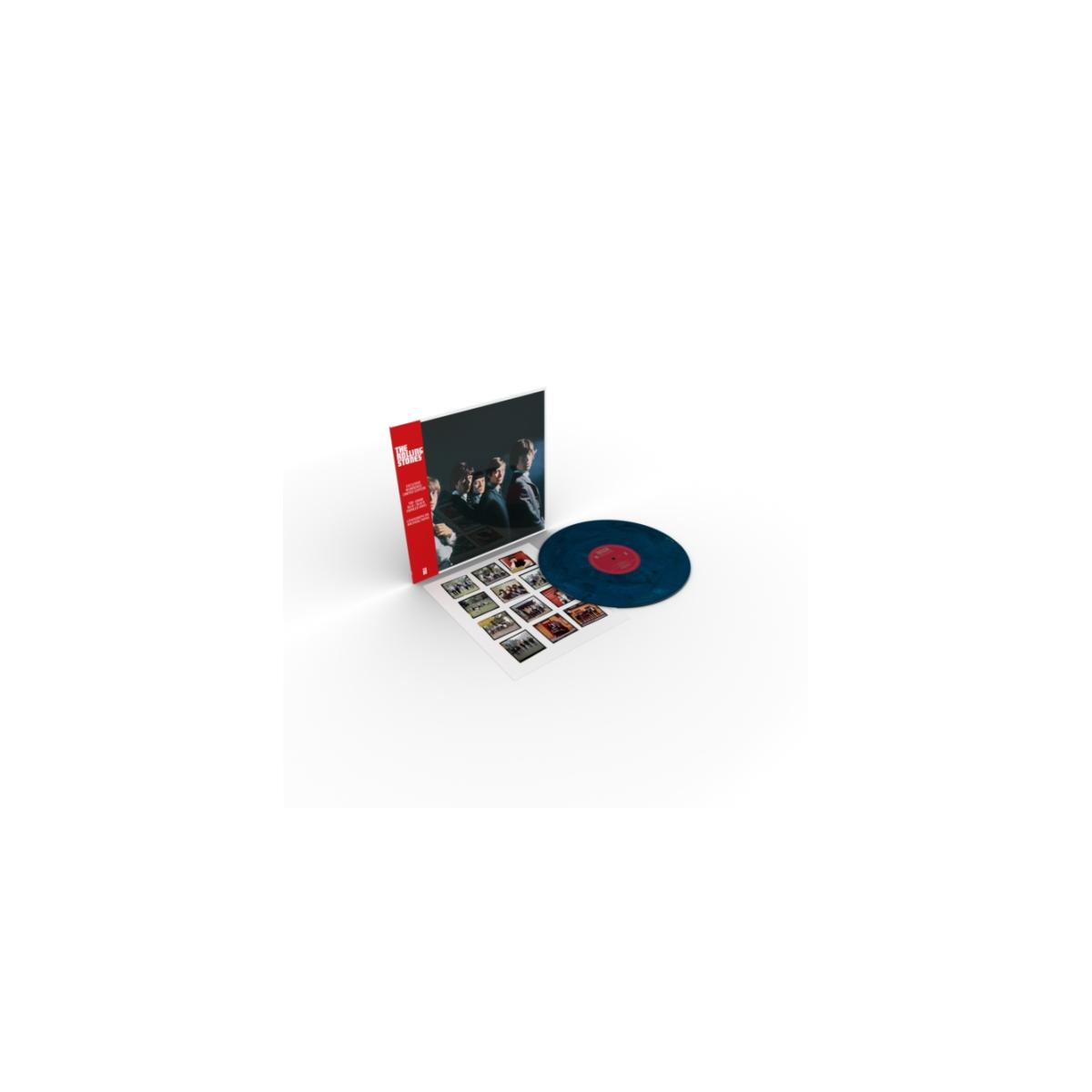 Pochette d'album avec un disque vinyle et une illustration d'album. Le vinyle est bleu et l'album est ouvert.