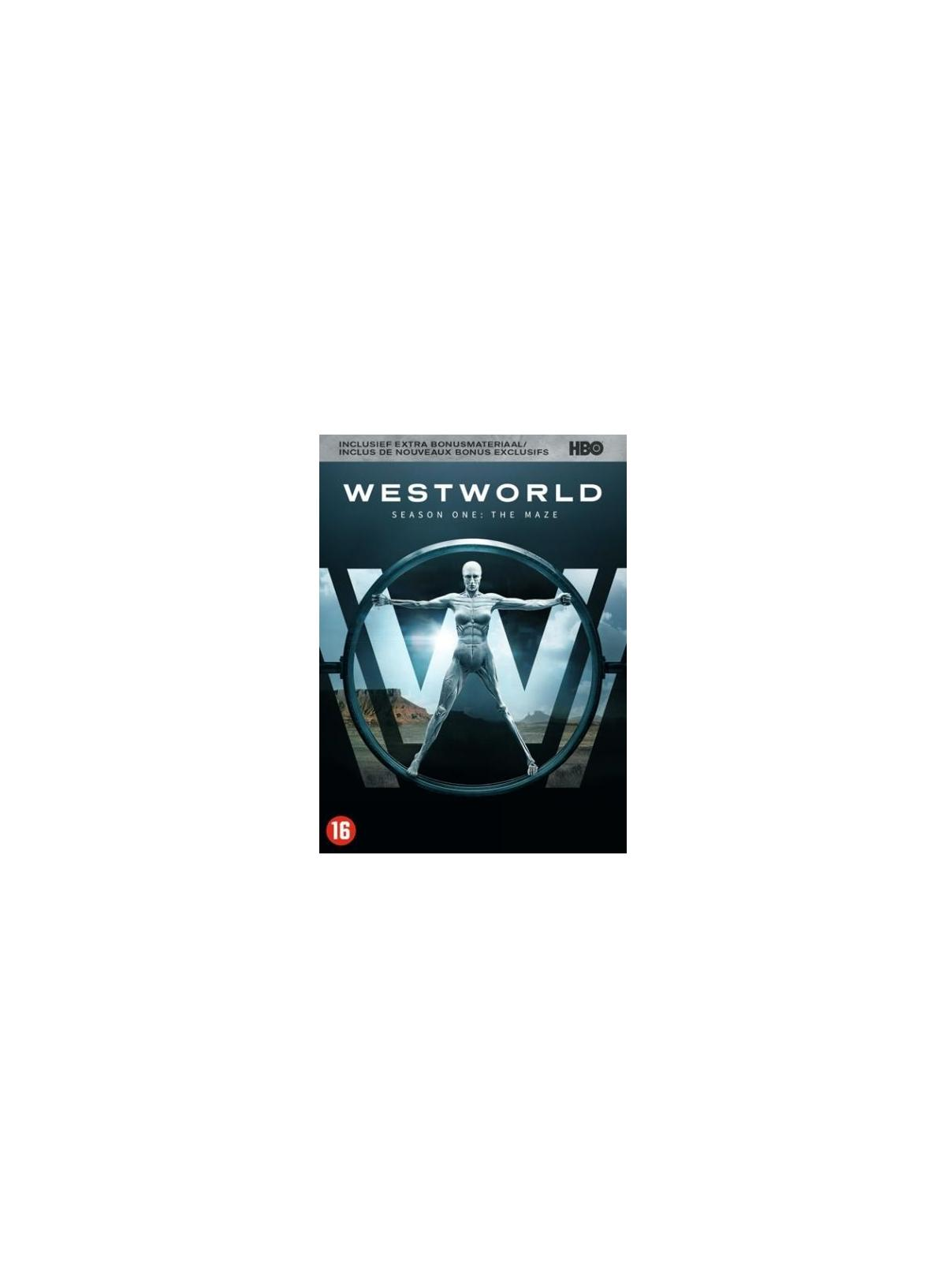Couverture DVD de Westworld Saison Un : The Maze avec un robot blanc.