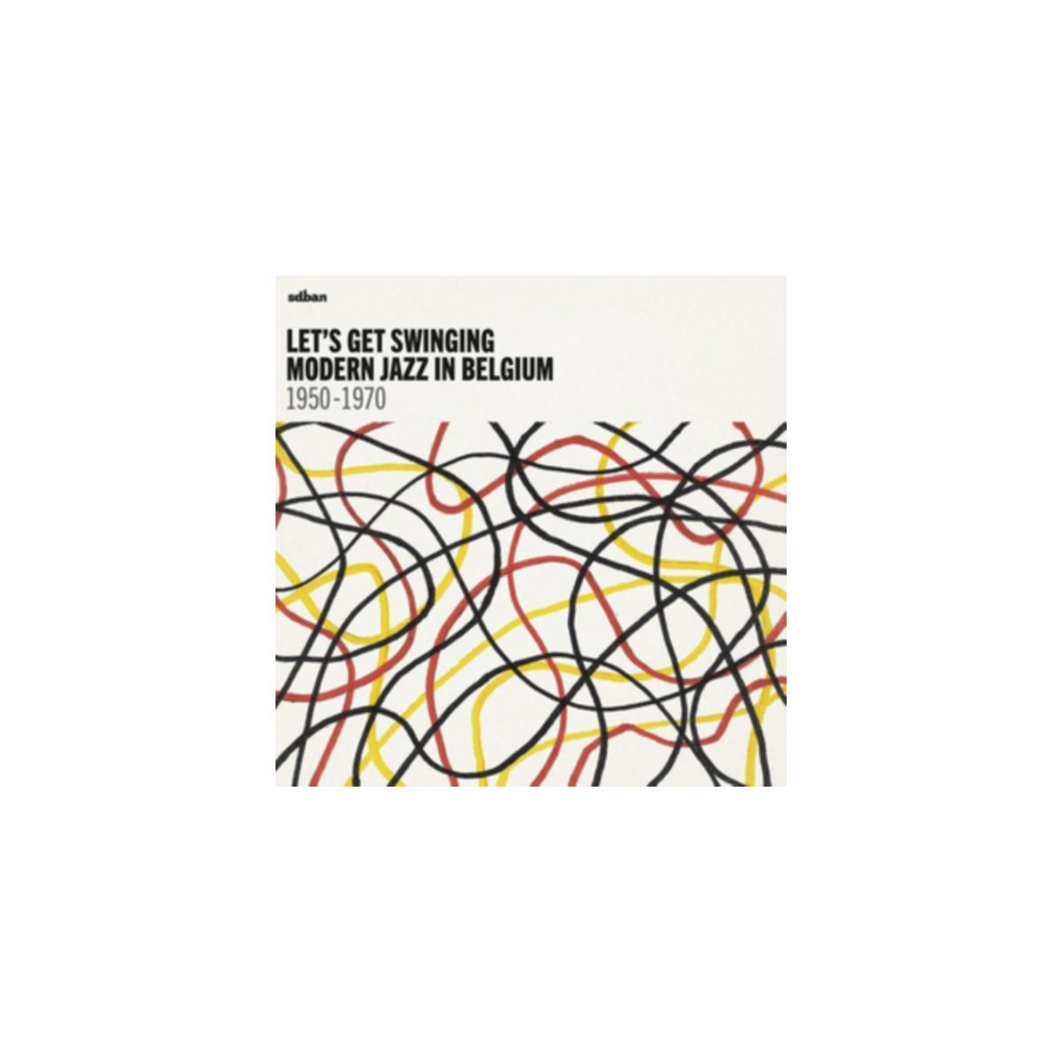Pochette d'album. Design abstrait avec des lignes rouges, jaunes et noires. Texte : Let's Get Swinging. Jazz moderne en Belgique.
