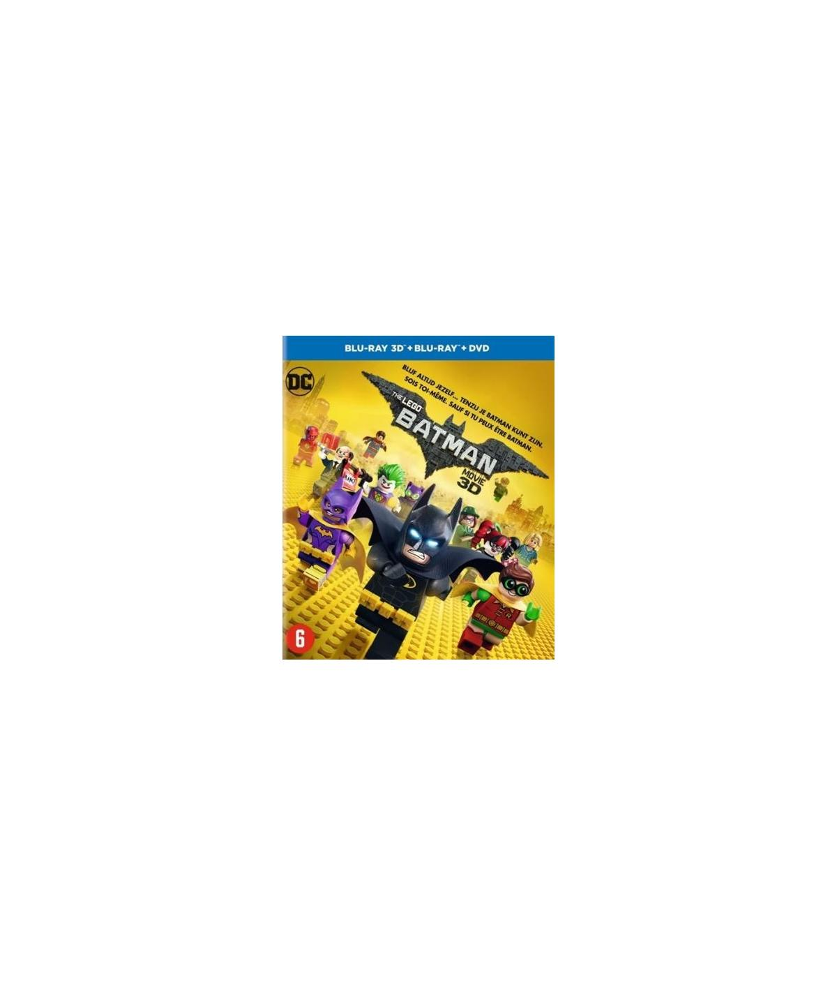 Pochette du film : The Lego Batman Movie. Batman et figurines Lego. Étiquettes Blu-ray 3D et Blu-ray + DVD présentes.