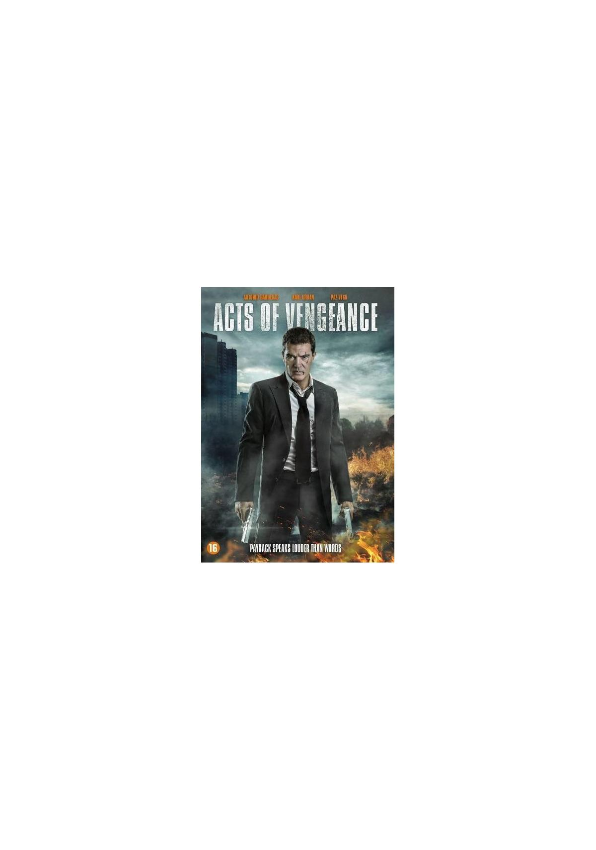 Afbeelding: Filmposter, man met wapens. Tekst: "ACTS OF VENGEANCE". Kleuren: zwart, wit, oranje.