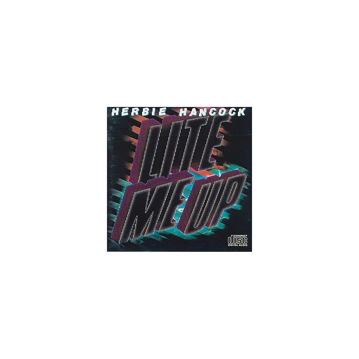 Couverture d'album : Titre : Lite Me Up. Herbie Hancock. Texte 3D coloré sur fond noir avec logo de disque compact.