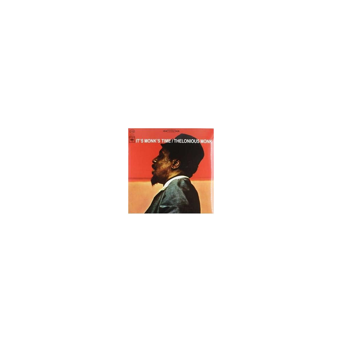 Albumhoes. Profiel van Thelonious Monk in zwart pak tegen rode achtergrond met witte tekst.