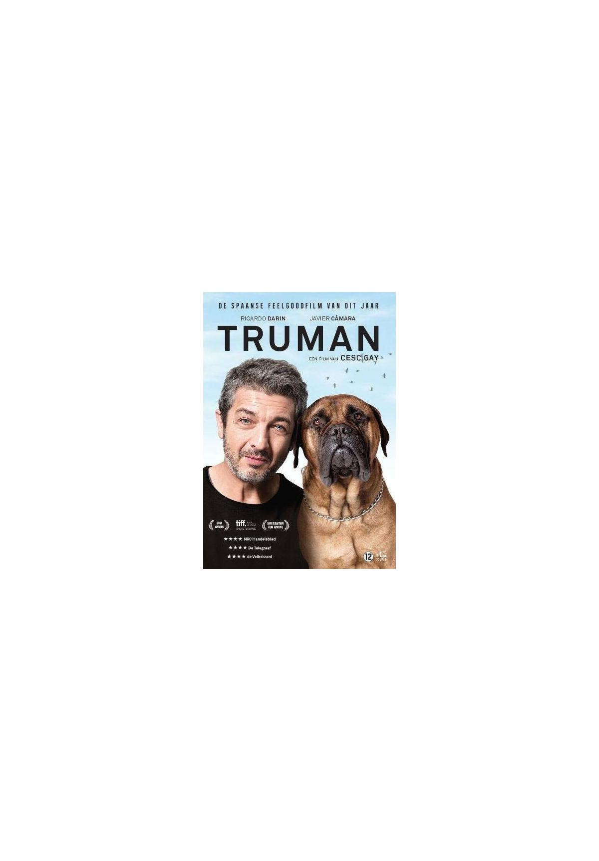 Afbeelding: Filmposter, man en hond. Tekst: "TRUMAN". Kleuren: blauw, bruin, wit.