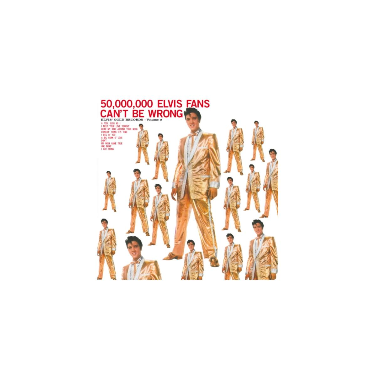 Pochette de CD. Plusieurs Elvis Presley en costume doré, avec le titre '50 000 000 Elvis Fans'.