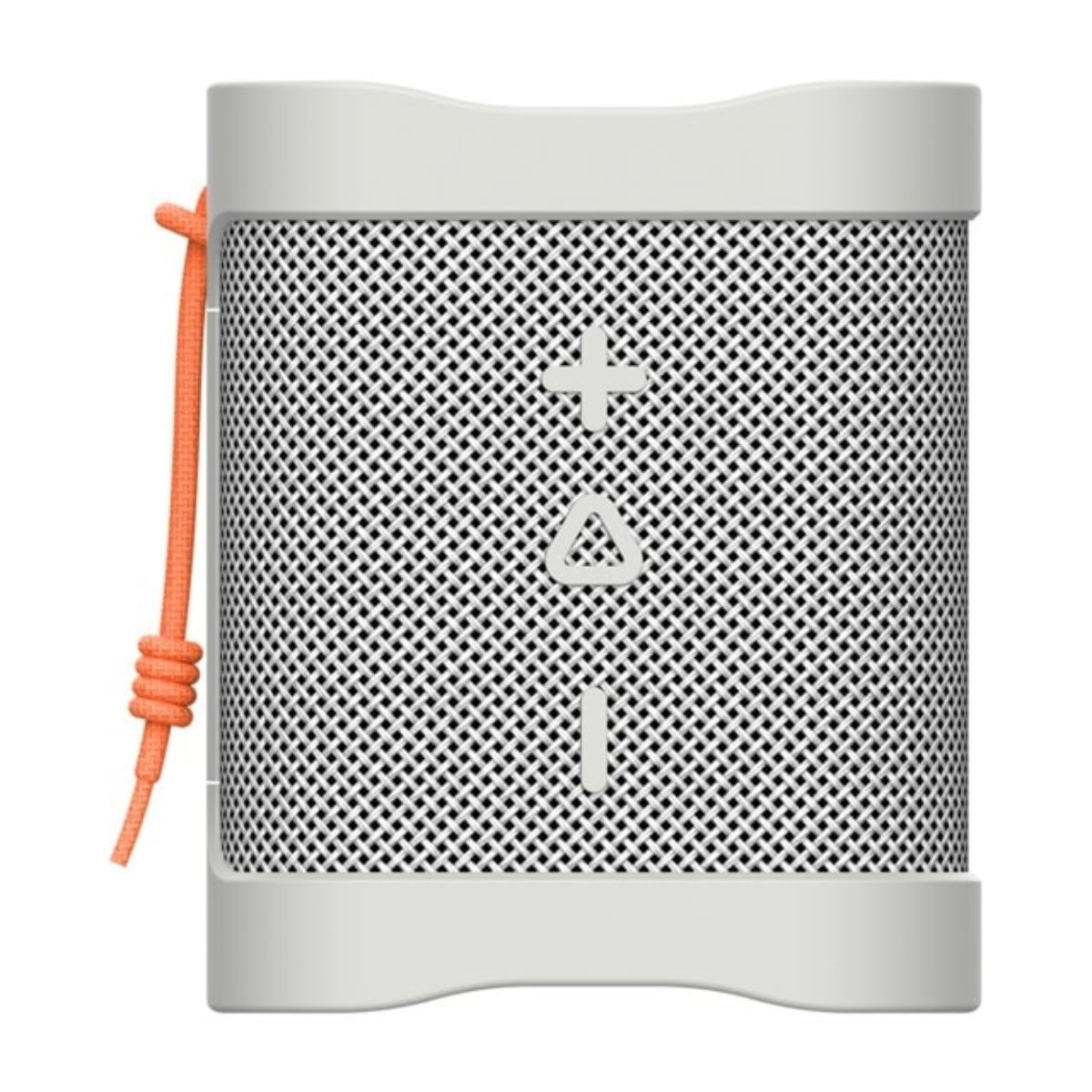 Weißer Lautsprecher mit orangefarbenem Riemen, mit einem schwarzen Mesh-Gitter und Lautstärkereglern.