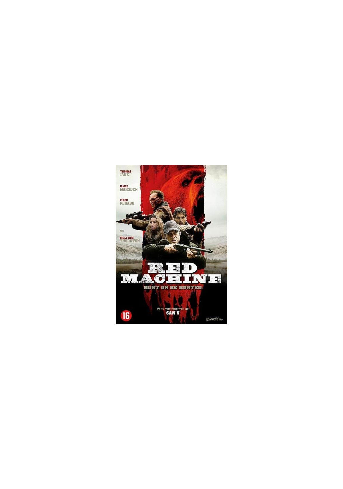 Affiche de film. Des gens avec des armes dans la forêt. Titre : Red Machine.