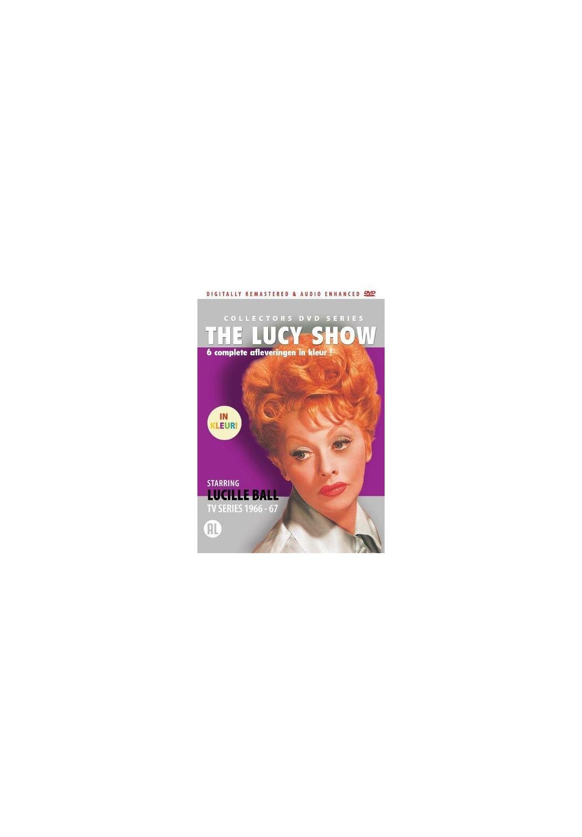 DVD-hoes van The Lucy Show met Lucille Ball. Een paarse achtergrond met witte tekst.