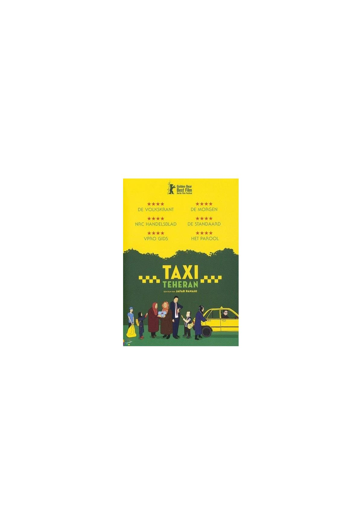 Affiche du film Taxi Téhéran avec un taxi jaune et des personnes. Fond jaune.